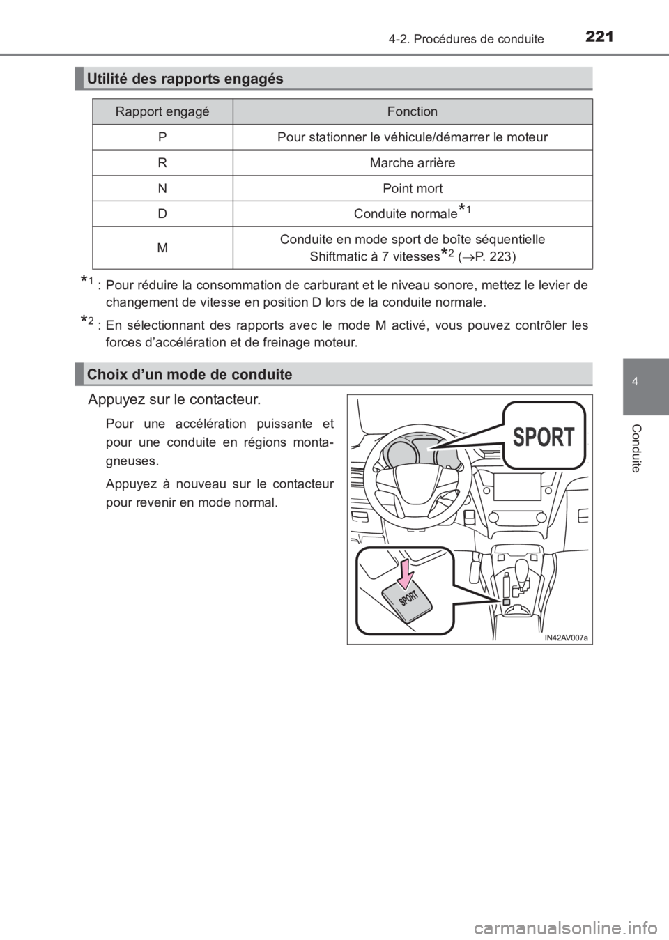 TOYOTA AVENSIS 2017 Notices Demploi (in French) 2214-2. Procédures de conduite
4
Conduite
AVENSIS_OM_OM20C67K_(EK)
*1 : Pour réduire la consommation de carburant et le niveau sonore, mettez le levier dechangement de vitesse en position D lors de TOYOTA AVENSIS 2017 Notices Demploi (in French) 2214-2. Procédures de conduite
4
Conduite
AVENSIS_OM_OM20C67K_(EK)
*1 : Pour réduire la consommation de carburant et le niveau sonore, mettez le levier dechangement de vitesse en position D lors de