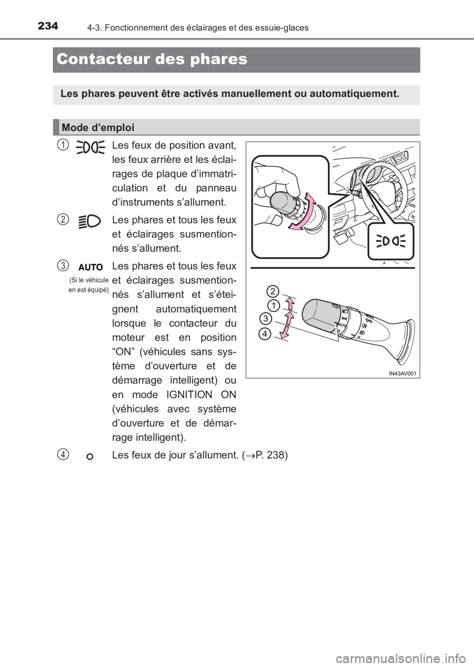 TOYOTA AVENSIS 2017 Notices Demploi (in French) 2344-3. Fonctionnement des éclairages et des essuie-glaces
AVENSIS_OM_OM20C67K_(EK)
Contacteur des phares
Les feux de position avant,
les feux arrière et les éclai-
rages de plaque d’immatri-
cul TOYOTA AVENSIS 2017 Notices Demploi (in French) 2344-3. Fonctionnement des éclairages et des essuie-glaces
AVENSIS_OM_OM20C67K_(EK)
Contacteur des phares
Les feux de position avant,
les feux arrière et les éclai-
rages de plaque d’immatri-
cul