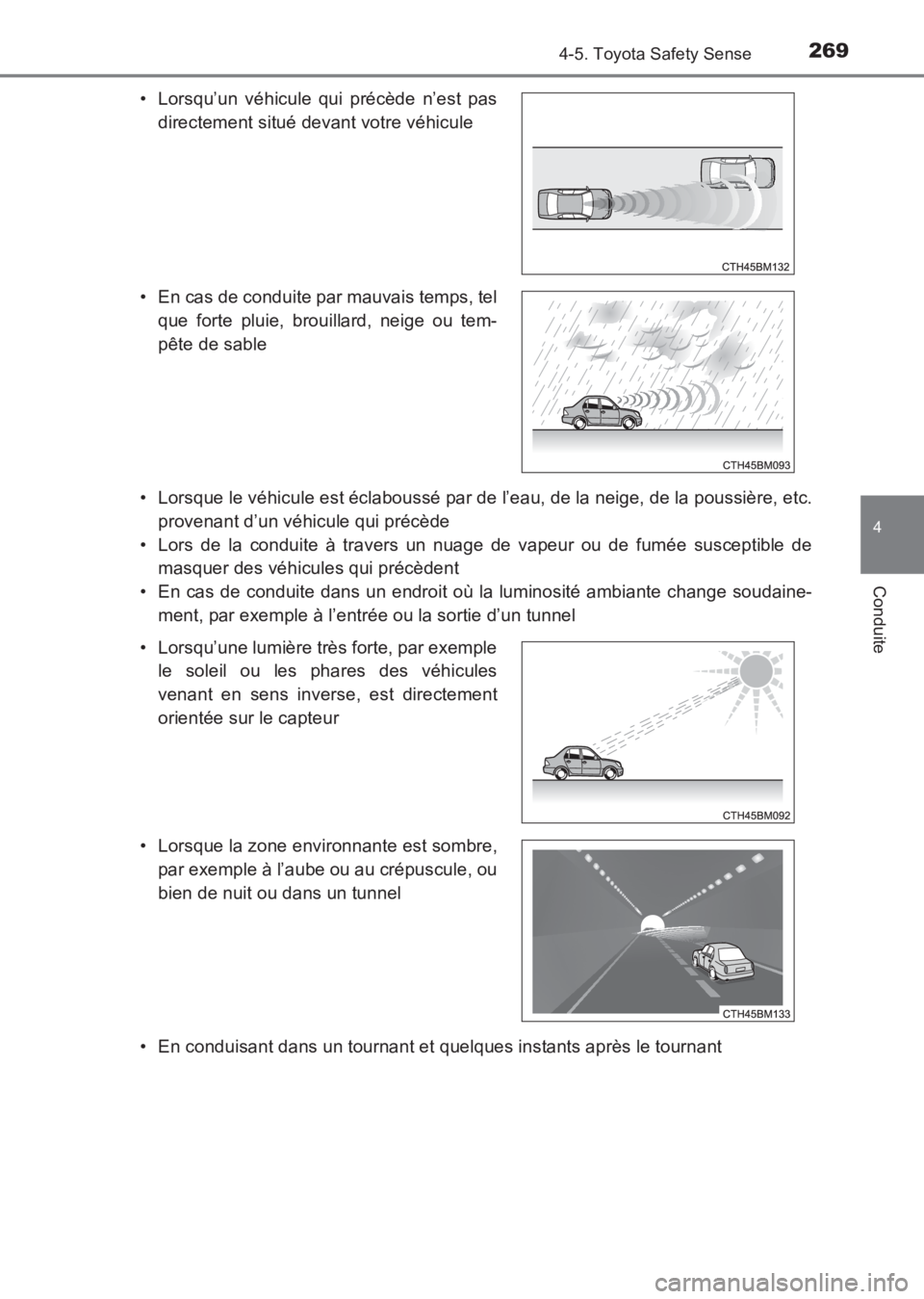 TOYOTA AVENSIS 2017 Notices Demploi (in French) 2694-5. Toyota Safety Sense
4
Conduite
AVENSIS_OM_OM20C67K_(EK)• Lorsque le véhicule est éclaboussé par de l’eau, de la neige, de la poussière, etc.
provenant d’un véhicule qui précède
TOYOTA AVENSIS 2017 Notices Demploi (in French) 2694-5. Toyota Safety Sense
4
Conduite
AVENSIS_OM_OM20C67K_(EK)• Lorsque le véhicule est éclaboussé par de l’eau, de la neige, de la poussière, etc.
provenant d’un véhicule qui précède