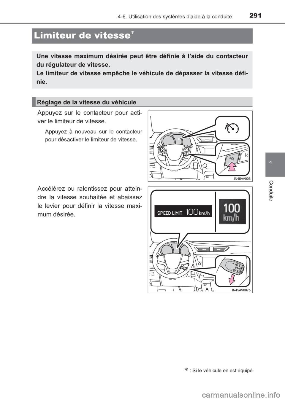 TOYOTA AVENSIS 2017 Notices Demploi (in French) 291
4
4-6. Utilisation des systèmes d’aide à la conduite
Conduite
AVENSIS_OM_OM20C67K_(EK)
Limiteur de vitesse∗
Appuyez sur le contacteur pour acti-
ver le limiteur de vitesse.
Appuyez à nouvea TOYOTA AVENSIS 2017 Notices Demploi (in French) 291
4
4-6. Utilisation des systèmes d’aide à la conduite
Conduite
AVENSIS_OM_OM20C67K_(EK)
Limiteur de vitesse∗
Appuyez sur le contacteur pour acti-
ver le limiteur de vitesse.
Appuyez à nouvea