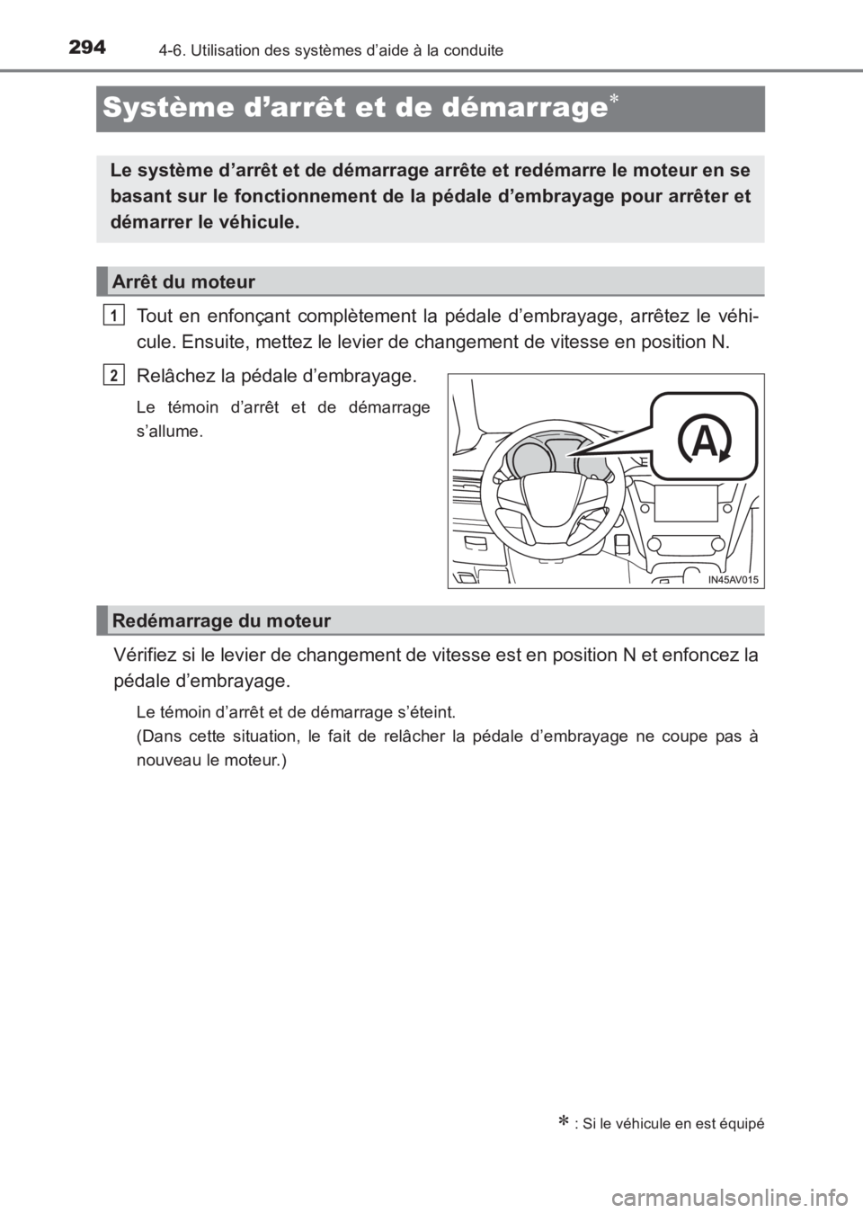 TOYOTA AVENSIS 2017 Notices Demploi (in French) 2944-6. Utilisation des systèmes d’aide à la conduite
AVENSIS_OM_OM20C67K_(EK)
Système d’arrêt et de démarrage∗
Tout en enfonçant complètement la pédale d’embrayage, arrêtez le véhi- TOYOTA AVENSIS 2017 Notices Demploi (in French) 2944-6. Utilisation des systèmes d’aide à la conduite
AVENSIS_OM_OM20C67K_(EK)
Système d’arrêt et de démarrage∗
Tout en enfonçant complètement la pédale d’embrayage, arrêtez le véhi-