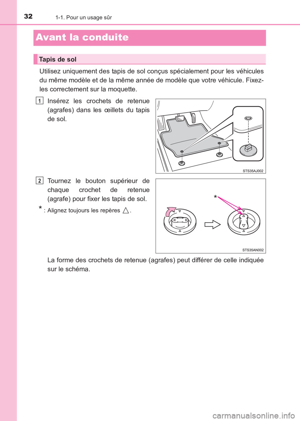TOYOTA AVENSIS 2017  Notices Demploi (in French) 321-1. Pour un usage sûr
AVENSIS_OM_OM20C67K_(EK)
Avant la conduite
Utilisez uniquement des tapis de sol conçus spécialement pour les véhicules
du même modèle et de la même année de modèle qu