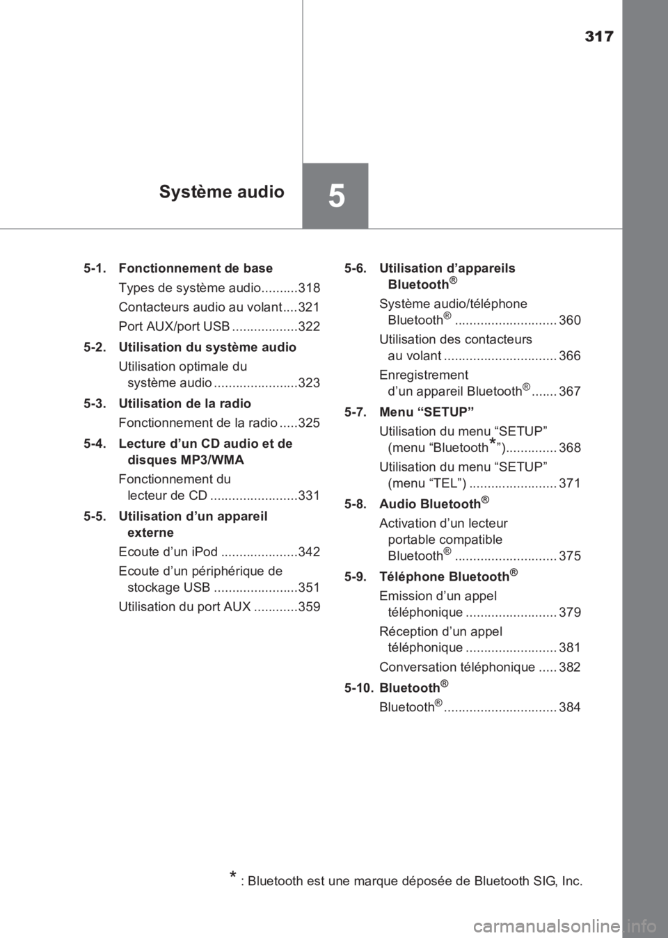 TOYOTA AVENSIS 2017  Notices Demploi (in French) 317
5Système audio
AVENSIS_OM_OM20C67K_(EK)5-1. Fonctionnement de base
Types de système audio..........318
Contacteurs audio au volant ....321
Port AUX/port USB ..................322
5-2. Utilisatio