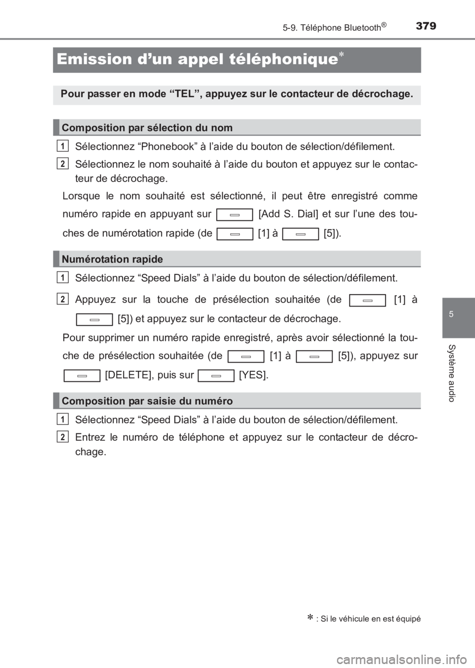 TOYOTA AVENSIS 2017  Notices Demploi (in French) 379
5
5-9. Téléphone Bluetooth®
Système audio
AVENSIS_OM_OM20C67K_(EK)
Emission d’un appel téléphonique∗
Sélectionnez “Phonebook” à l’aide du bouton de sélection/défilement.
Sélec