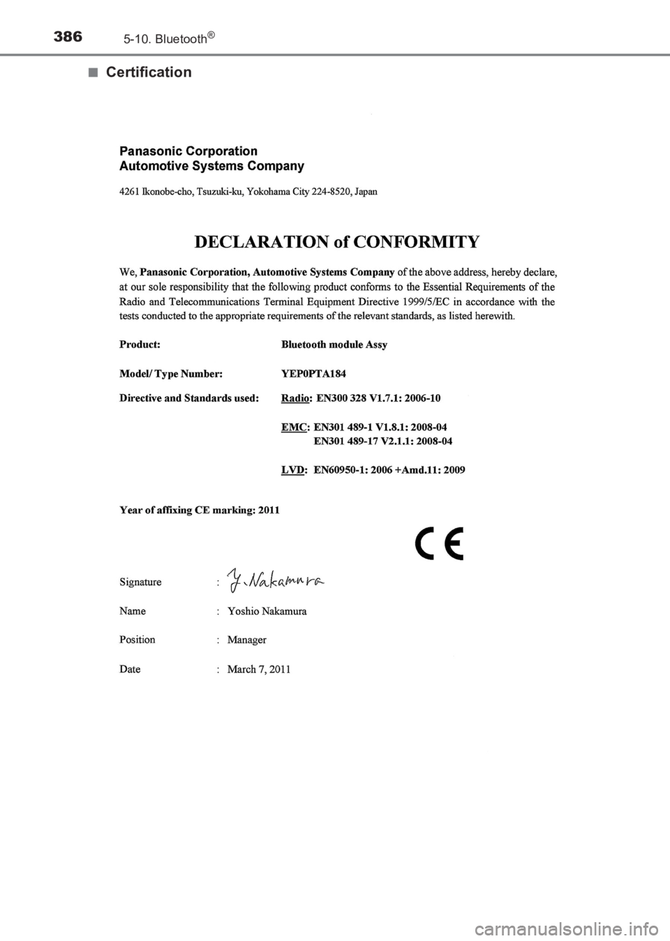 TOYOTA AVENSIS 2017 Notices Demploi (in French) 3865-10. Bluetooth®
AVENSIS_OM_OM20C67K_(EK)■
Certification
AVENSIS_OM_OM20C67K_(EK).book Page 386 Wednesday, June 15, 20
16 10:33 AM TOYOTA AVENSIS 2017 Notices Demploi (in French) 3865-10. Bluetooth®
AVENSIS_OM_OM20C67K_(EK)■
Certification
AVENSIS_OM_OM20C67K_(EK).book Page 386 Wednesday, June 15, 20
16 10:33 AM