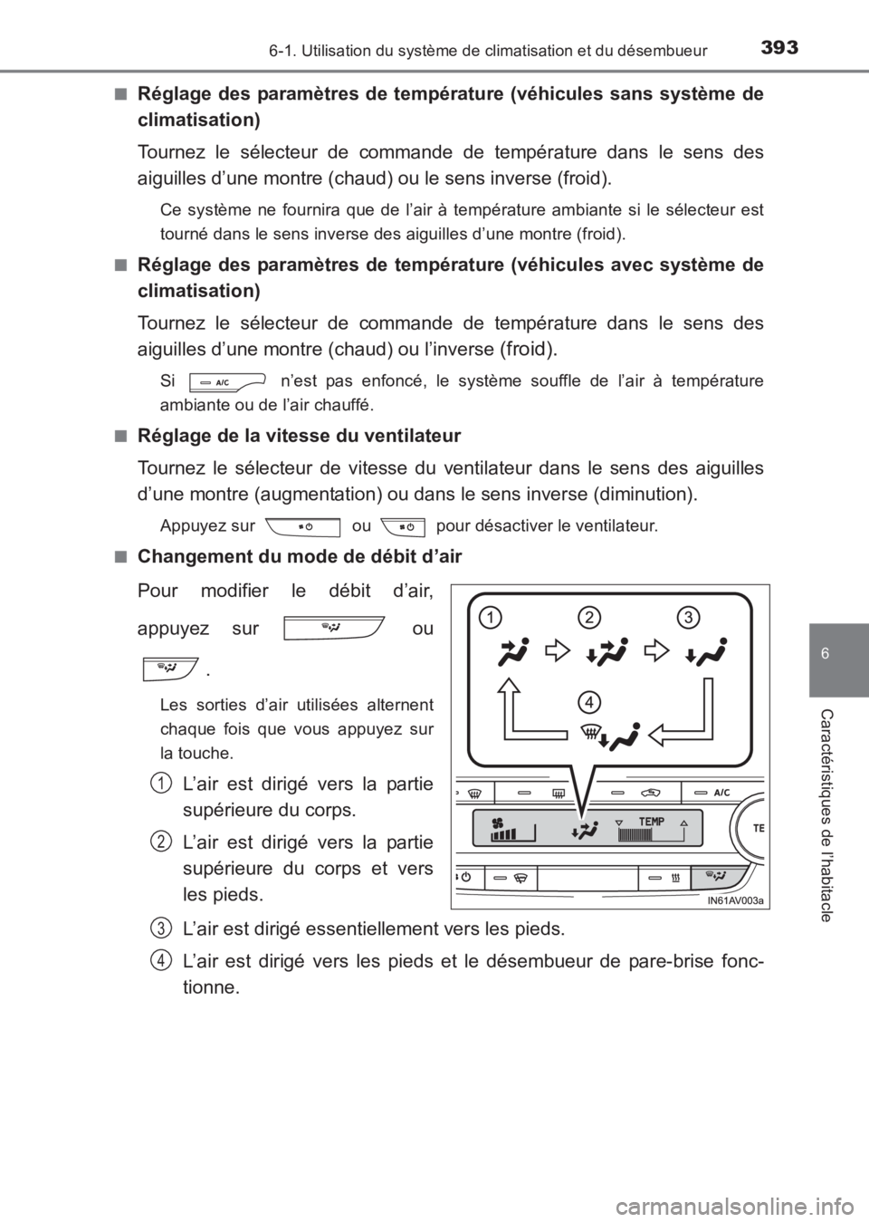 TOYOTA AVENSIS 2017 Notices Demploi (in French) 3936-1. Utilisation du système de climatisation et du désembueur
AVENSIS_OM_OM20C67K_(EK)
6
Caractéristiques de l’habitacle
■Réglage des paramètres de température (véhicules sans système d TOYOTA AVENSIS 2017 Notices Demploi (in French) 3936-1. Utilisation du système de climatisation et du désembueur
AVENSIS_OM_OM20C67K_(EK)
6
Caractéristiques de l’habitacle
■Réglage des paramètres de température (véhicules sans système d