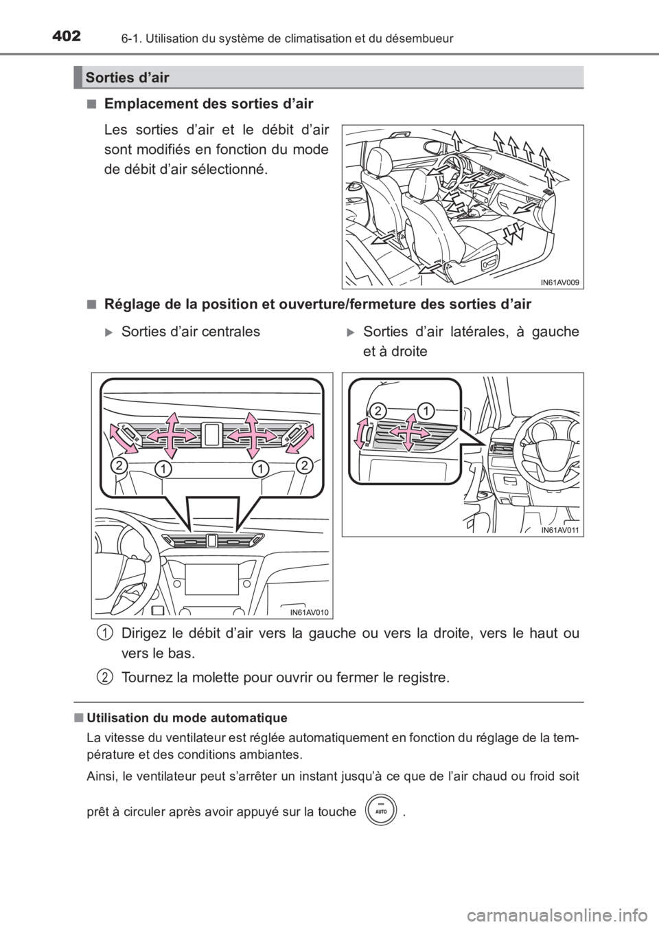 TOYOTA AVENSIS 2017 Notices Demploi (in French) 4026-1. Utilisation du système de climatisation et du désembueur
AVENSIS_OM_OM20C67K_(EK)■
Emplacement des sorties d’air
Les sorties d’air et le débit d’air
sont modifiés en fonction du mo TOYOTA AVENSIS 2017 Notices Demploi (in French) 4026-1. Utilisation du système de climatisation et du désembueur
AVENSIS_OM_OM20C67K_(EK)■
Emplacement des sorties d’air
Les sorties d’air et le débit d’air
sont modifiés en fonction du mo
