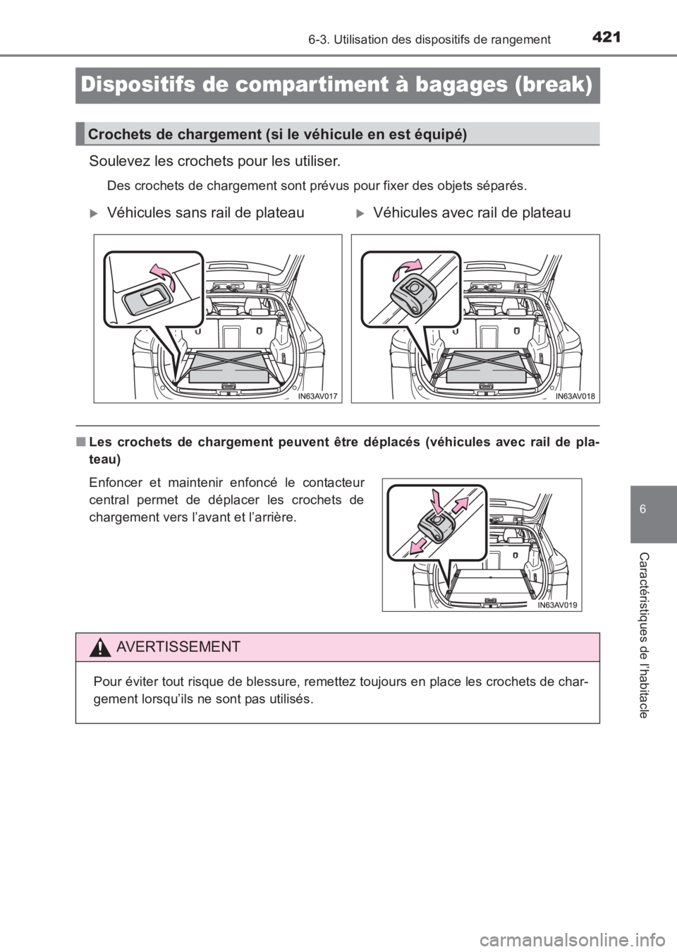 TOYOTA AVENSIS 2017  Notices Demploi (in French) 4216-3. Utilisation des dispositifs de rangement
AVENSIS_OM_OM20C67K_(EK)
6
Caractéristiques de l’habitacle
Dispositifs de compar timent à bagages (break)
Soulevez les crochets pour les utiliser.
