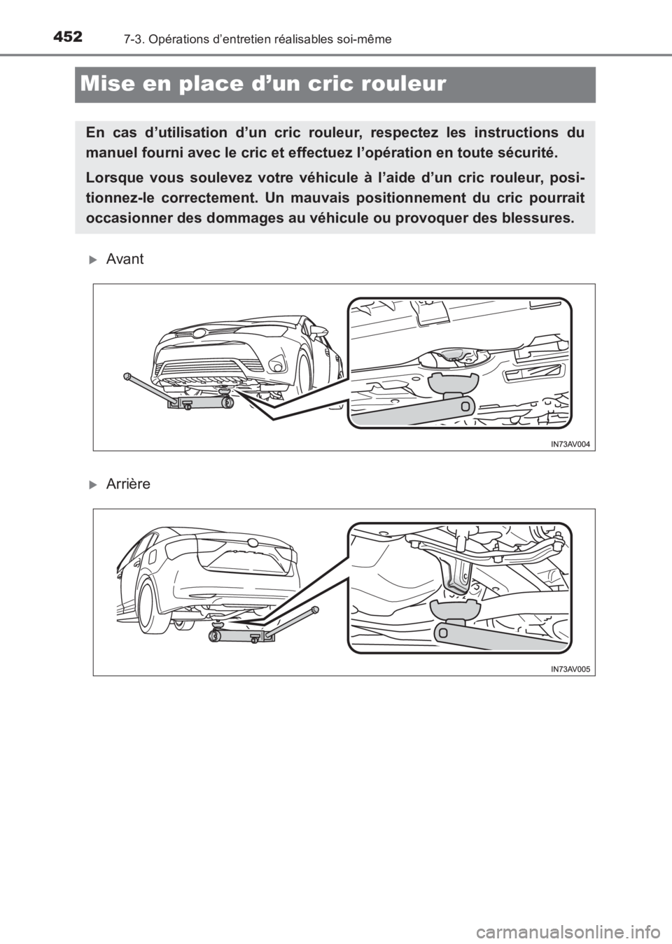 TOYOTA AVENSIS 2017  Notices Demploi (in French) 4527-3. Opérations d’entretien réalisables soi-même
AVENSIS_OM_OM20C67K_(EK)
Mise en place d’un cric rouleur
�XAvant
�XArrière
En cas d’utilisation d’un cric rouleur, respectez les instruc
