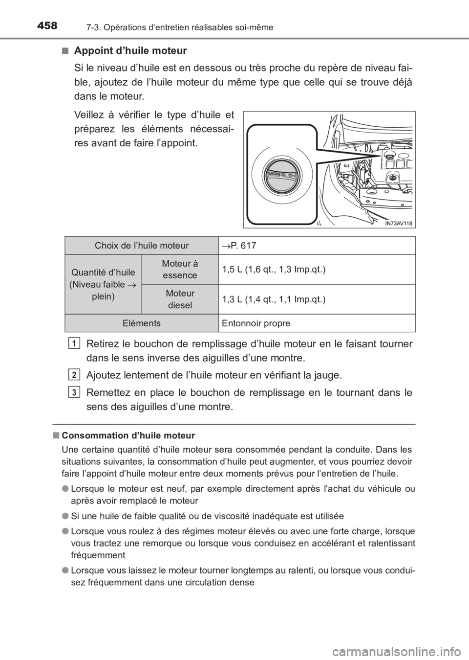 TOYOTA AVENSIS 2017  Notices Demploi (in French) 4587-3. Opérations d’entretien réalisables soi-même
AVENSIS_OM_OM20C67K_(EK)■
Appoint d’huile moteur
Si le niveau d’huile est en dessous ou très proche du repère de niveau fai-
ble, ajout