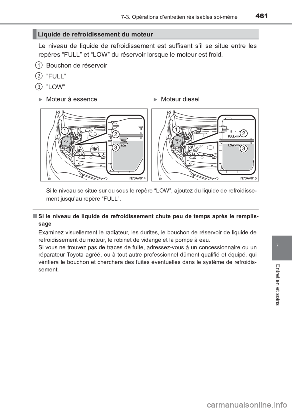 TOYOTA AVENSIS 2017  Notices Demploi (in French) 4617-3. Opérations d’entretien réalisables soi-même
AVENSIS_OM_OM20C67K_(EK)
7
Entretien et soins
Le niveau de liquide de refroidissement est suffisant s’il se situe entre les
repères “FULL