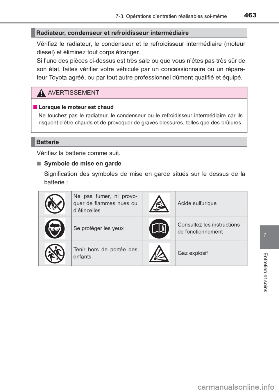 TOYOTA AVENSIS 2017  Notices Demploi (in French) 4637-3. Opérations d’entretien réalisables soi-même
AVENSIS_OM_OM20C67K_(EK)
7
Entretien et soins
Vérifiez le radiateur, le condenseur et le refroidisseur intermédiaire (moteur
diesel) et élim