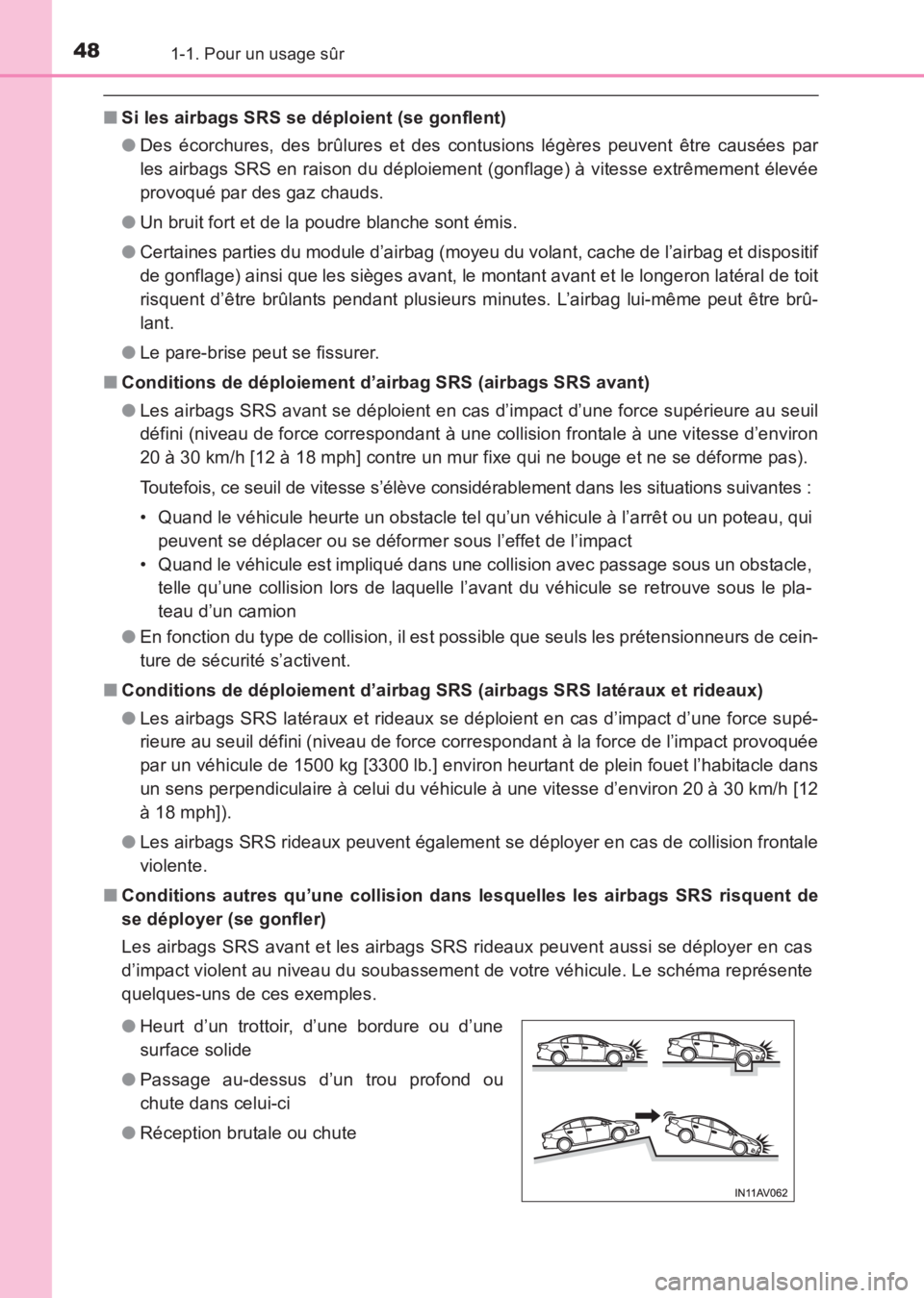TOYOTA AVENSIS 2017 Notices Demploi (in French) 481-1. Pour un usage sûr
AVENSIS_OM_OM20C67K_(EK)
■Si les airbags SRS se déploient (se gonflent)
●Des écorchures, des brûlures et des contusions légères peuvent être causées par
les airbag TOYOTA AVENSIS 2017 Notices Demploi (in French) 481-1. Pour un usage sûr
AVENSIS_OM_OM20C67K_(EK)
■Si les airbags SRS se déploient (se gonflent)
●Des écorchures, des brûlures et des contusions légères peuvent être causées par
les airbag