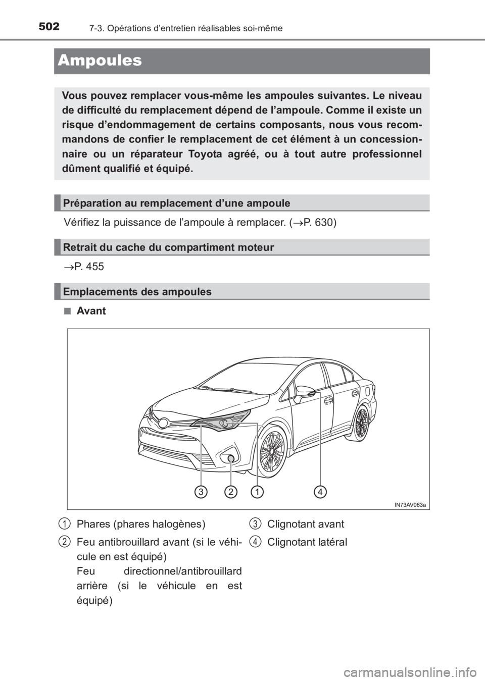 TOYOTA AVENSIS 2017  Notices Demploi (in French) 5027-3. Opérations d’entretien réalisables soi-même
AVENSIS_OM_OM20C67K_(EK)
Ampoules
Vérifiez la puissance de l’ampoule à remplacer. (→P. 630)
→ P. 455
■Avant
Vous pouvez remplacer vou