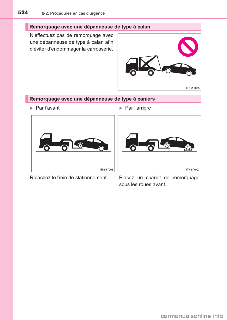 TOYOTA AVENSIS 2017 Notices Demploi (in French) 5248-2. Procédures en cas d’urgence
AVENSIS_OM_OM20C67K_(EK)
N’effectuez pas de remorquage avec
une dépanneuse de type à palan afin
d’éviter d’endommager la carrosserie.
Remorquage avec un TOYOTA AVENSIS 2017 Notices Demploi (in French) 5248-2. Procédures en cas d’urgence
AVENSIS_OM_OM20C67K_(EK)
N’effectuez pas de remorquage avec
une dépanneuse de type à palan afin
d’éviter d’endommager la carrosserie.
Remorquage avec un