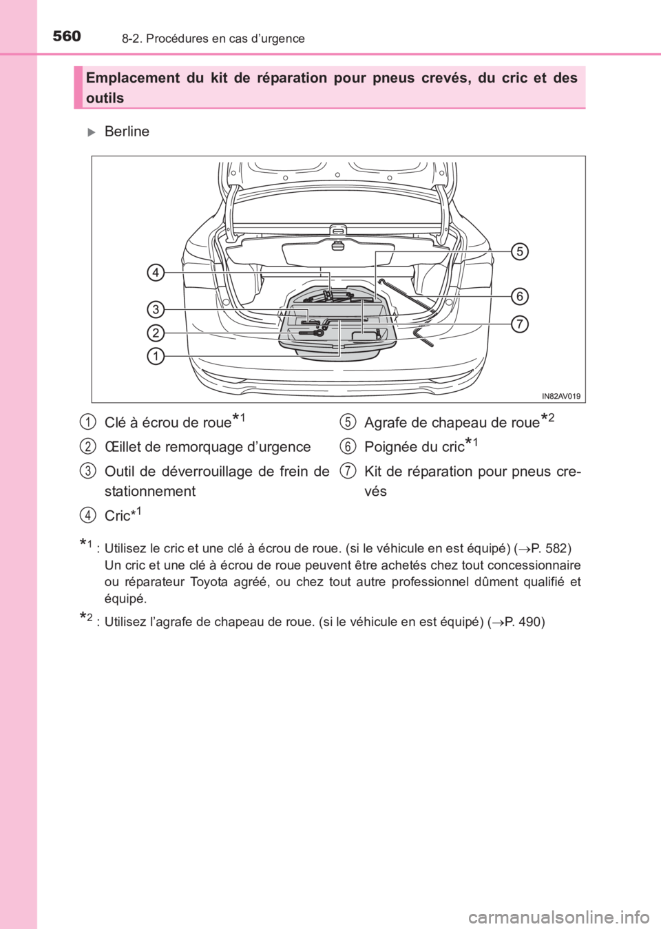 TOYOTA AVENSIS 2017  Notices Demploi (in French) 5608-2. Procédures en cas d’urgence
AVENSIS_OM_OM20C67K_(EK)
�XBerline
*1 : Utilisez le cric et une clé à écrou de roue. (si le véhicule en est équipé) (→P. 582) 
Un cric et une clé à éc