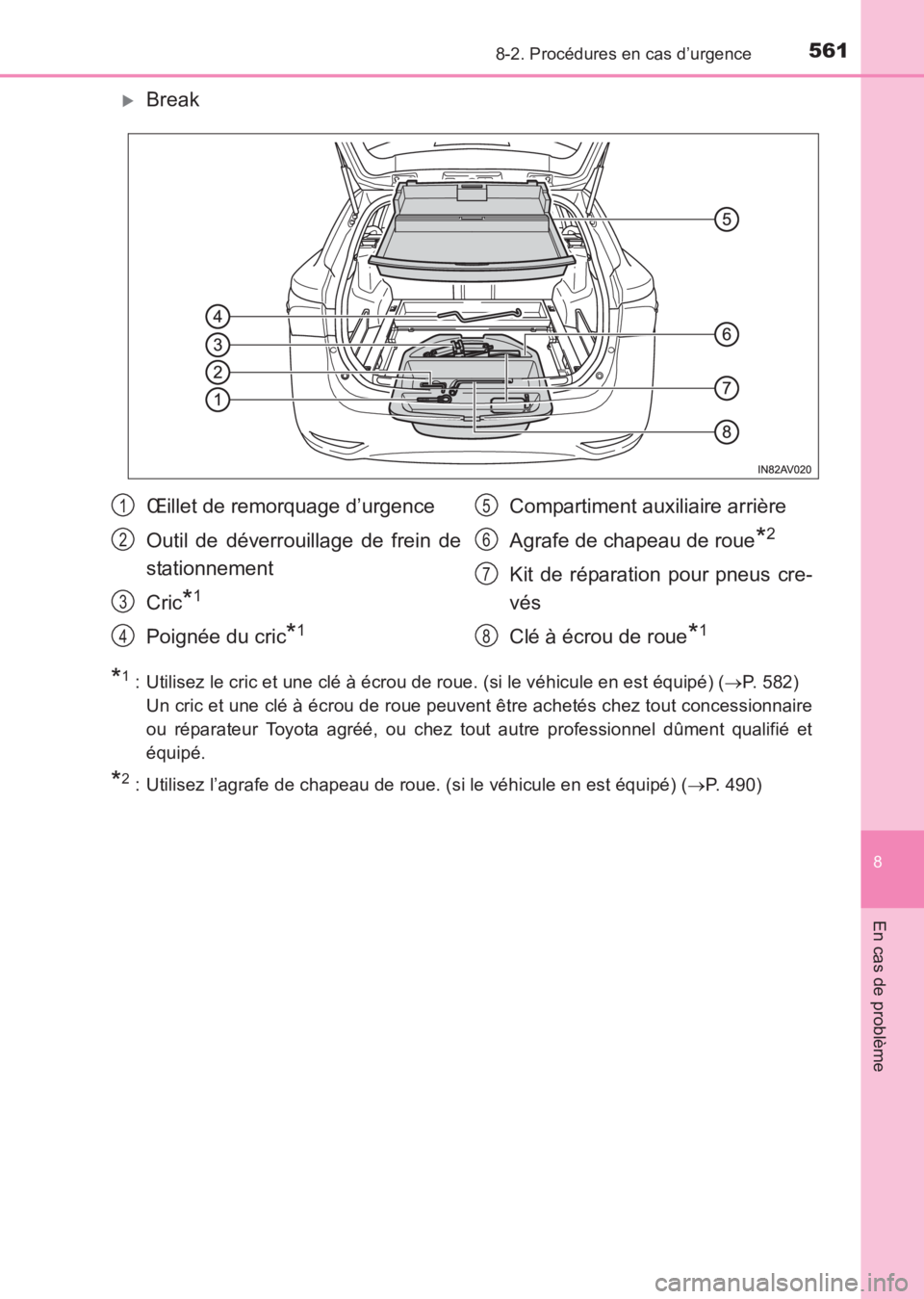 TOYOTA AVENSIS 2017  Notices Demploi (in French) 5618-2. Procédures en cas d’urgence
AVENSIS_OM_OM20C67K_(EK)
8
En cas de problème
�XBreak
*1 : Utilisez le cric et une clé à écrou de roue. (si le véhicule en est équipé) (→P. 582) 
Un cri