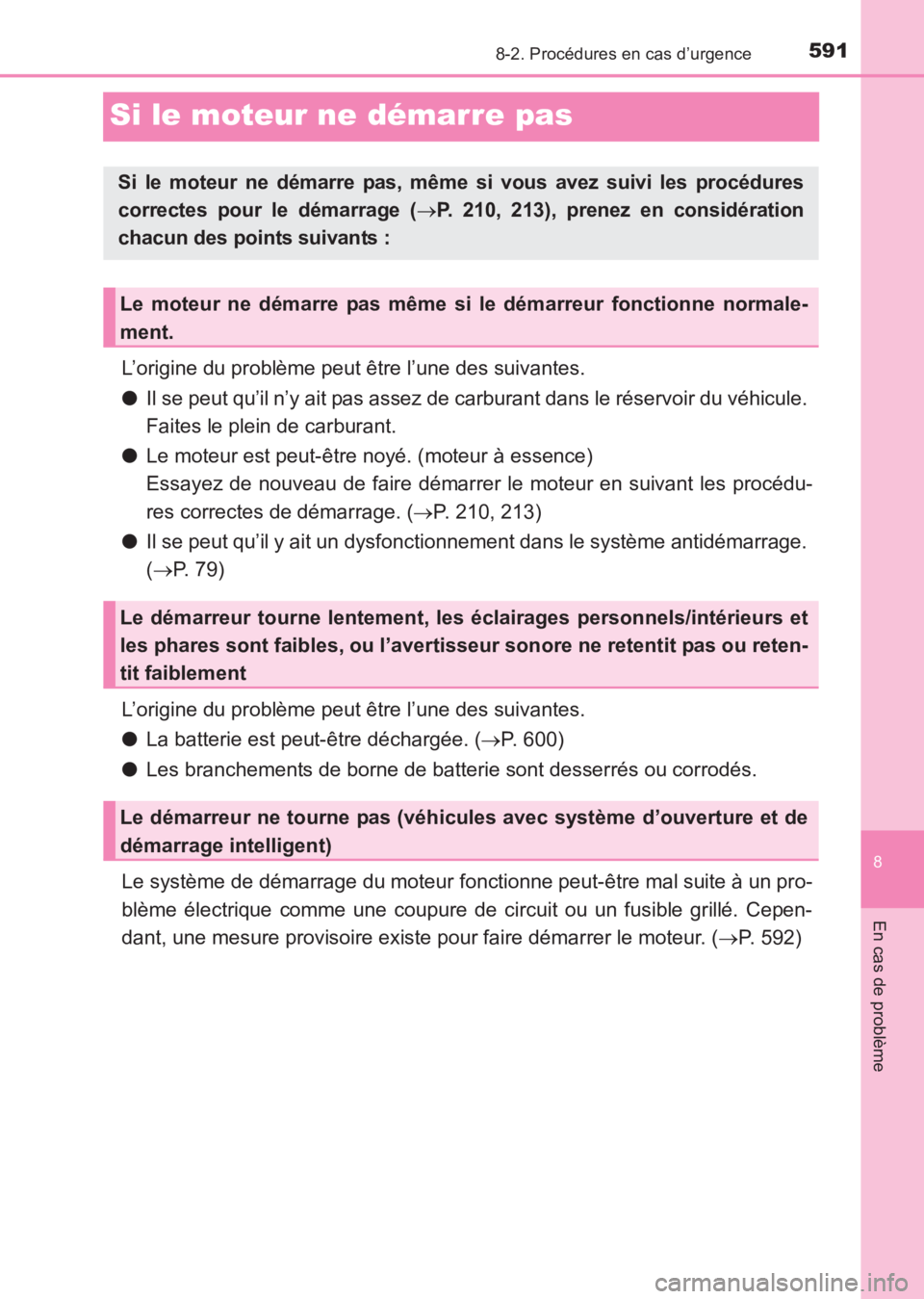 TOYOTA AVENSIS 2017 Notices Demploi (in French) 5918-2. Procédures en cas d’urgence
AVENSIS_OM_OM20C67K_(EK)
8
En cas de problème
Si le moteur ne démarre pas
L’origine du problème peut être l’une des suivantes.
●Il se peut qu’il n’ TOYOTA AVENSIS 2017 Notices Demploi (in French) 5918-2. Procédures en cas d’urgence
AVENSIS_OM_OM20C67K_(EK)
8
En cas de problème
Si le moteur ne démarre pas
L’origine du problème peut être l’une des suivantes.
●Il se peut qu’il n’