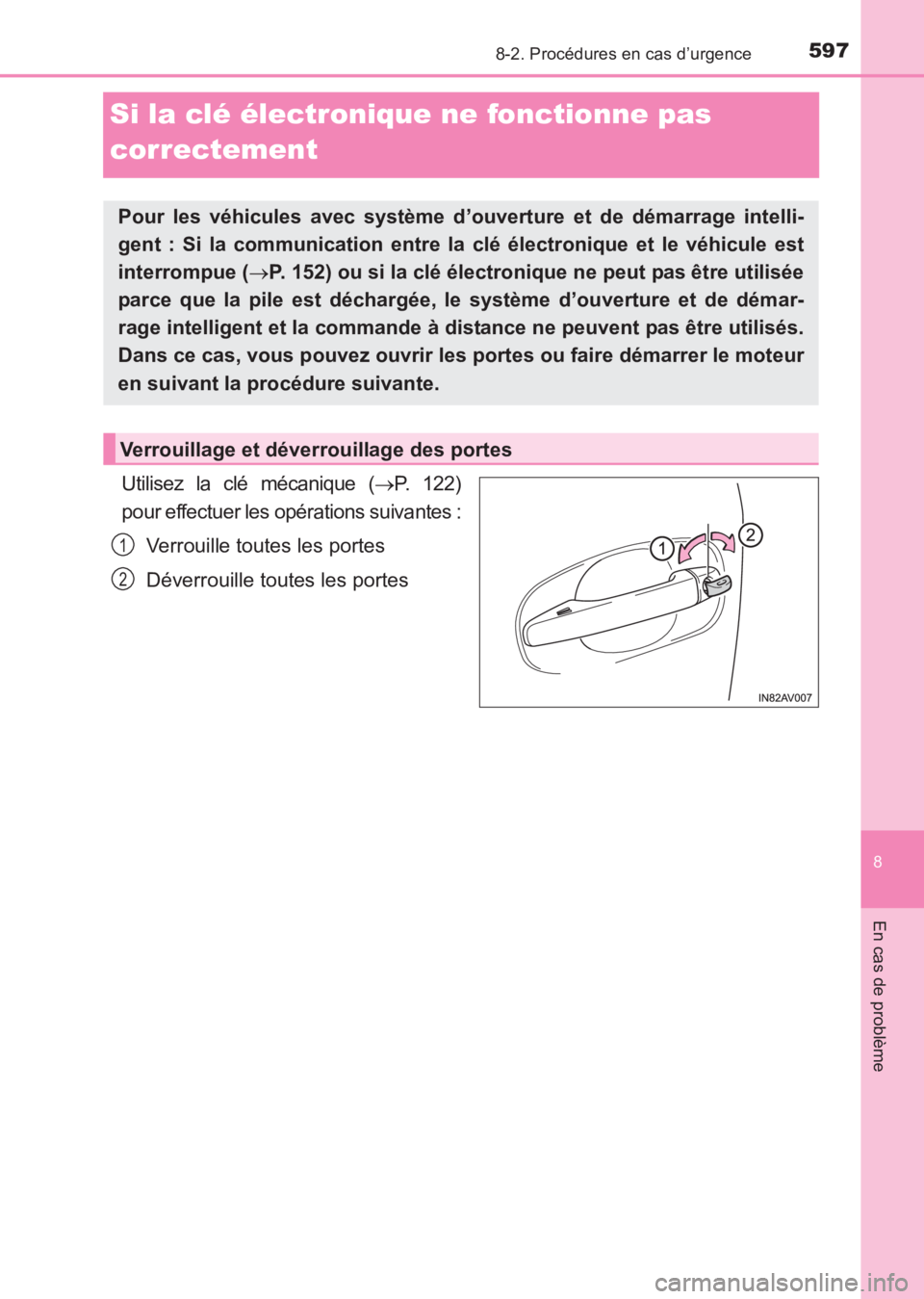 TOYOTA AVENSIS 2017 Notices Demploi (in French) 5978-2. Procédures en cas d’urgence
AVENSIS_OM_OM20C67K_(EK)
8
En cas de problème
Si la clé électronique ne fonctionne pas
correctement
Utilisez la clé mécanique (→P. 122)
pour effectuer le TOYOTA AVENSIS 2017 Notices Demploi (in French) 5978-2. Procédures en cas d’urgence
AVENSIS_OM_OM20C67K_(EK)
8
En cas de problème
Si la clé électronique ne fonctionne pas
correctement
Utilisez la clé mécanique (→P. 122)
pour effectuer le