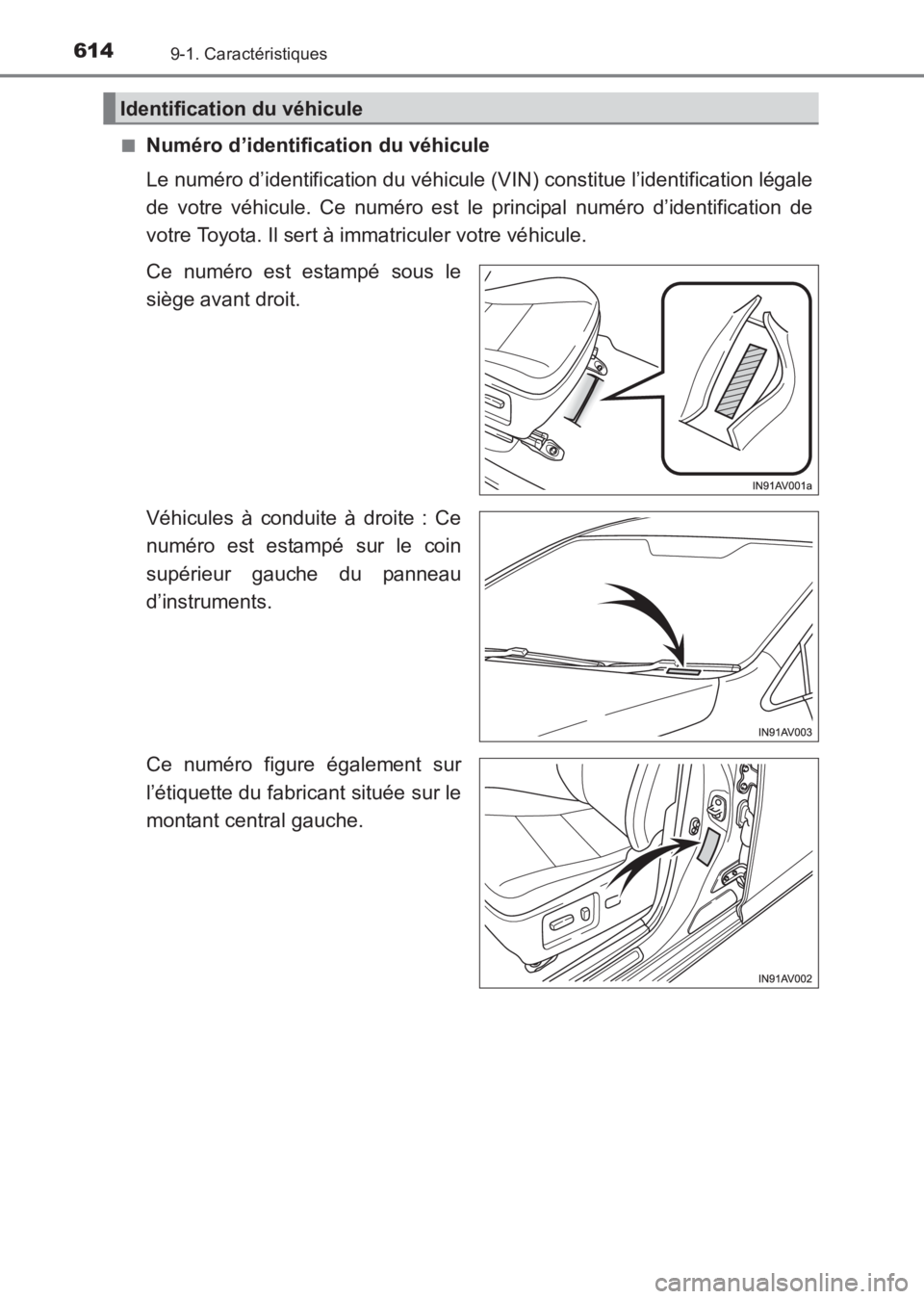 TOYOTA AVENSIS 2017  Notices Demploi (in French) 6149-1. Caractéristiques
AVENSIS_OM_OM20C67K_(EK)■
Numéro d’identification du véhicule
Le numéro d’identification du véhicule (V
IN) constitue l’identification légale
de votre véhicule.