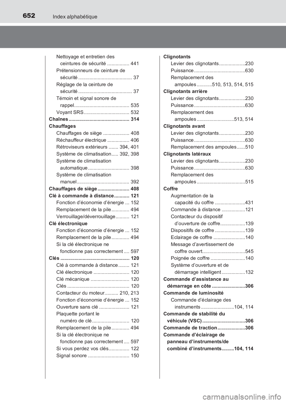 TOYOTA AVENSIS 2017 Notices Demploi (in French) 652Index alphabétique
AVENSIS_OM_OM20C67K_(EK)
Nettoyage et entretien des ceintures de sécurité ................ 441
Prétensionneurs de ceinture de sécurité .................................... TOYOTA AVENSIS 2017 Notices Demploi (in French) 652Index alphabétique
AVENSIS_OM_OM20C67K_(EK)
Nettoyage et entretien des ceintures de sécurité ................ 441
Prétensionneurs de ceinture de sécurité ....................................