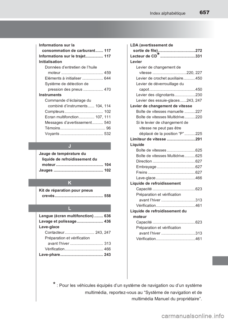 TOYOTA AVENSIS 2017 Notices Demploi (in French) 657Index alphabétique
AVENSIS_OM_OM20C67K_(EK)
Informations sur la consommation de carburant ....... 117
Informations sur le trajet ................ 117
Initialisation Données d’entretien de l’h TOYOTA AVENSIS 2017 Notices Demploi (in French) 657Index alphabétique
AVENSIS_OM_OM20C67K_(EK)
Informations sur la consommation de carburant ....... 117
Informations sur le trajet ................ 117
Initialisation Données d’entretien de l’h
