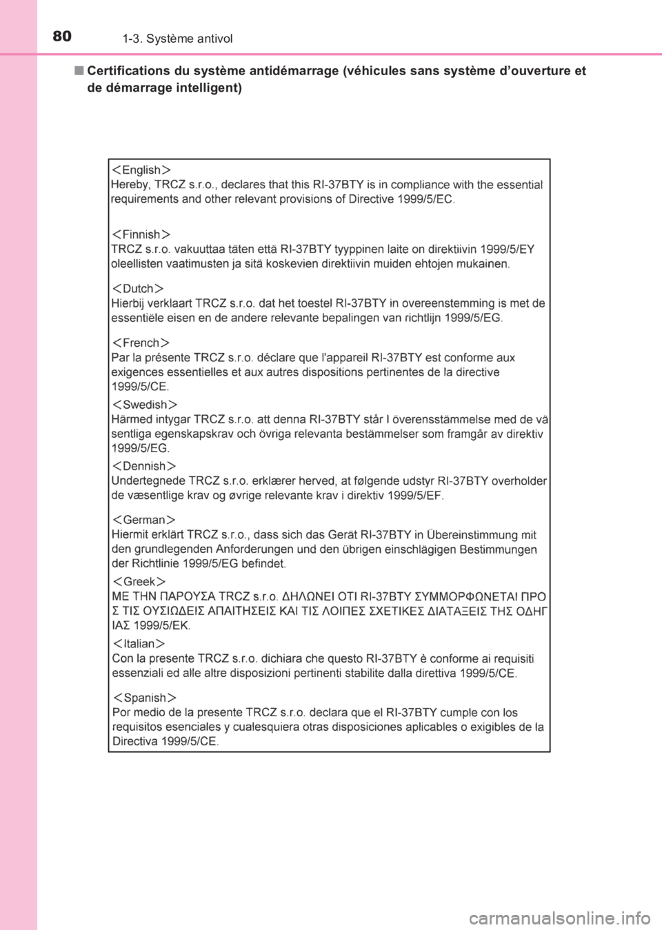 TOYOTA AVENSIS 2017  Notices Demploi (in French) 801-3. Système antivol
AVENSIS_OM_OM20C67K_(EK)■
Certifications du système antidémarrage (véhicules sans système d’ouverture et
de démarrage intelligent)
AVENSIS_OM_OM20C67K_(EK).book  Page 