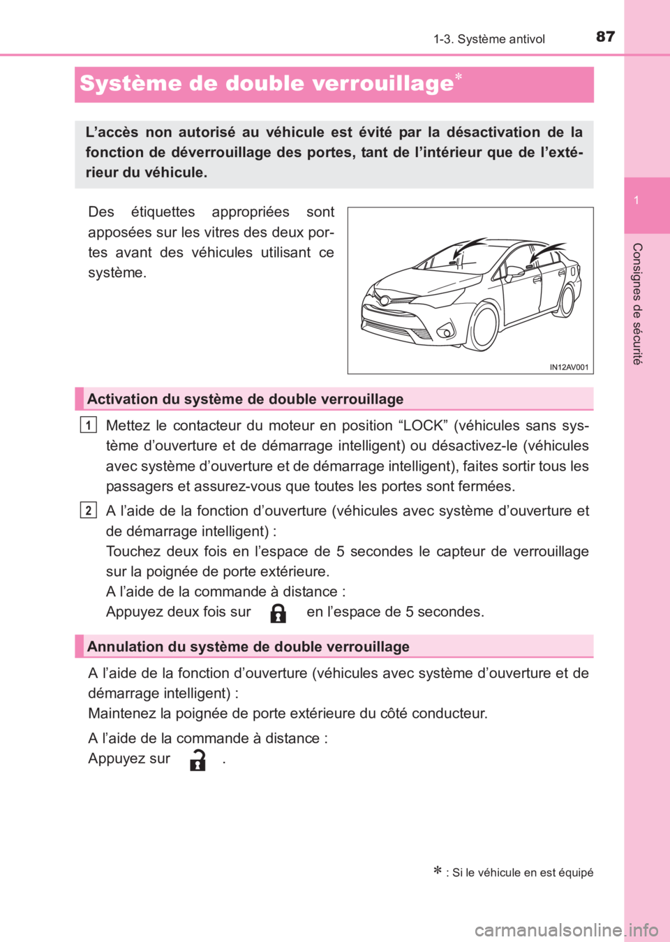 TOYOTA AVENSIS 2017  Notices Demploi (in French) 87
1
1-3. Système antivol
AVENSIS_OM_OM20C67K_(EK)
Consignes de sécurité
Système de double verrouillage∗
Des étiquettes appropriées sont
apposées sur les vitres des deux por-
tes avant des v
