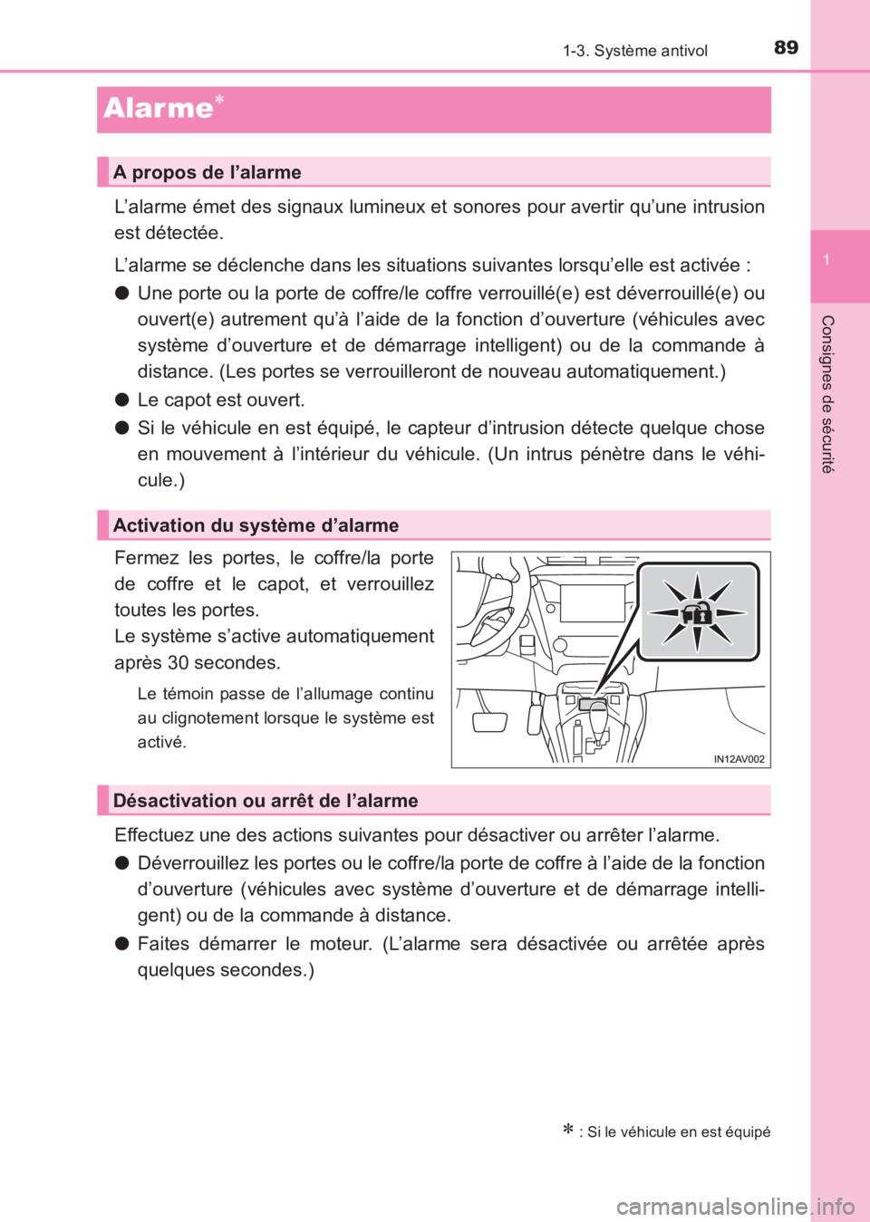 TOYOTA AVENSIS 2017  Notices Demploi (in French) 89
1
1-3. Système antivol
AVENSIS_OM_OM20C67K_(EK)
Consignes de sécurité
Alar me∗
L’alarme émet des signaux lumineux et sonores pour avertir qu’une intrusion
est détectée.
L’alarme se d