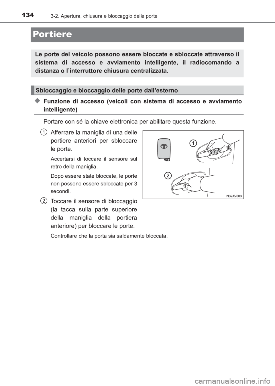 TOYOTA AVENSIS 2017 Manuale duso (in Italian) 1343-2. Apertura, chiusura e bloccaggio delle porte
AVENSIS_OM_OM20C70L_(EL)
Por tiere
◆Funzione di accesso (veicoli con sistema di accesso e avviamento
intelligente)
Portare con sé la chiave elett TOYOTA AVENSIS 2017 Manuale duso (in Italian) 1343-2. Apertura, chiusura e bloccaggio delle porte
AVENSIS_OM_OM20C70L_(EL)
Por tiere
◆Funzione di accesso (veicoli con sistema di accesso e avviamento
intelligente)
Portare con sé la chiave elett