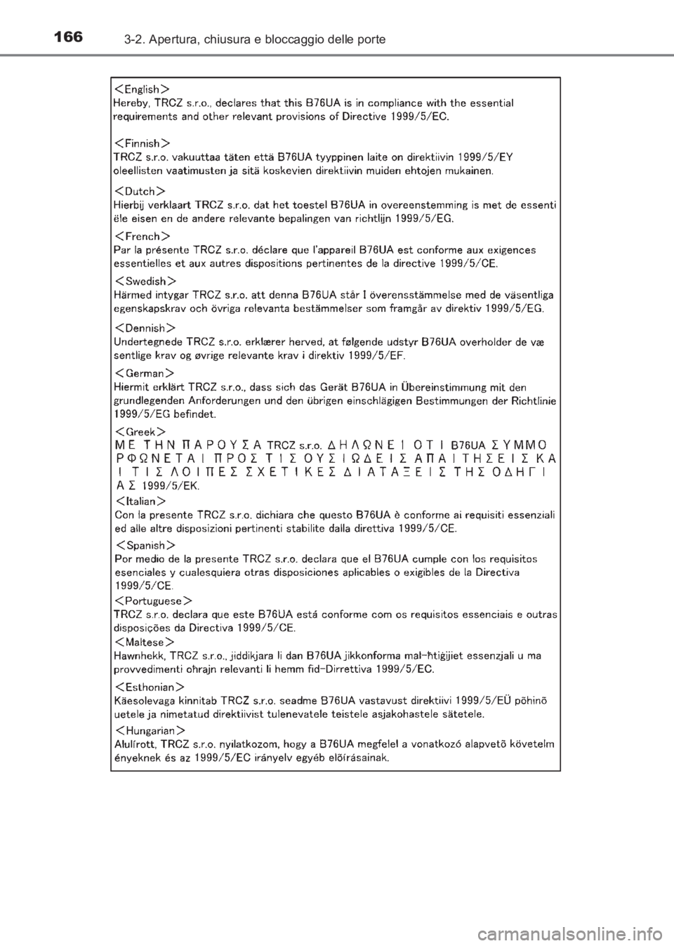 TOYOTA AVENSIS 2017  Manuale duso (in Italian) 1663-2. Apertura, chiusura e bloccaggio delle porte
AVENSIS_OM_OM20C70L_(EL)
AVENSIS_OM_OM20C70L_(EL).book  Page 166  Wednesday, June 15, 2016  2:44 PM 