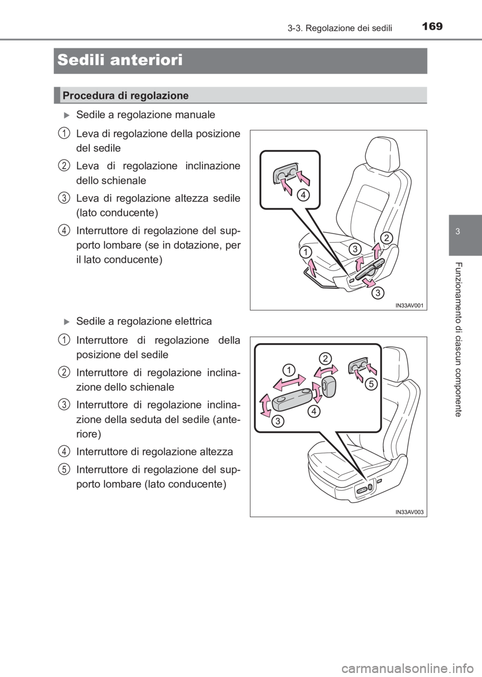 TOYOTA AVENSIS 2017  Manuale duso (in Italian) 169
3
3-3. Regolazione dei sedili
Funzionamento di ciascun componente
AVENSIS_OM_OM20C70L_(EL)
Sedili anteriori
�XSedile a regolazione manuale
Leva di regolazione della posizione
del sedile
Leva di re