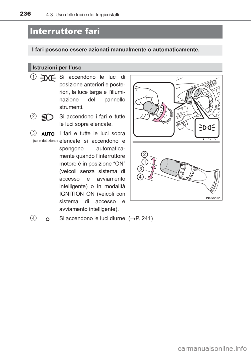 TOYOTA AVENSIS 2017 Manuale duso (in Italian) 2364-3. Uso delle luci e dei tergicristalli
AVENSIS_OM_OM20C70L_(EL)
Interruttore fari
Si accendono le luci di
posizione anteriori e poste-
riori, la luce targa e l’illumi-
nazione del pannello
stru TOYOTA AVENSIS 2017 Manuale duso (in Italian) 2364-3. Uso delle luci e dei tergicristalli
AVENSIS_OM_OM20C70L_(EL)
Interruttore fari
Si accendono le luci di
posizione anteriori e poste-
riori, la luce targa e l’illumi-
nazione del pannello
stru