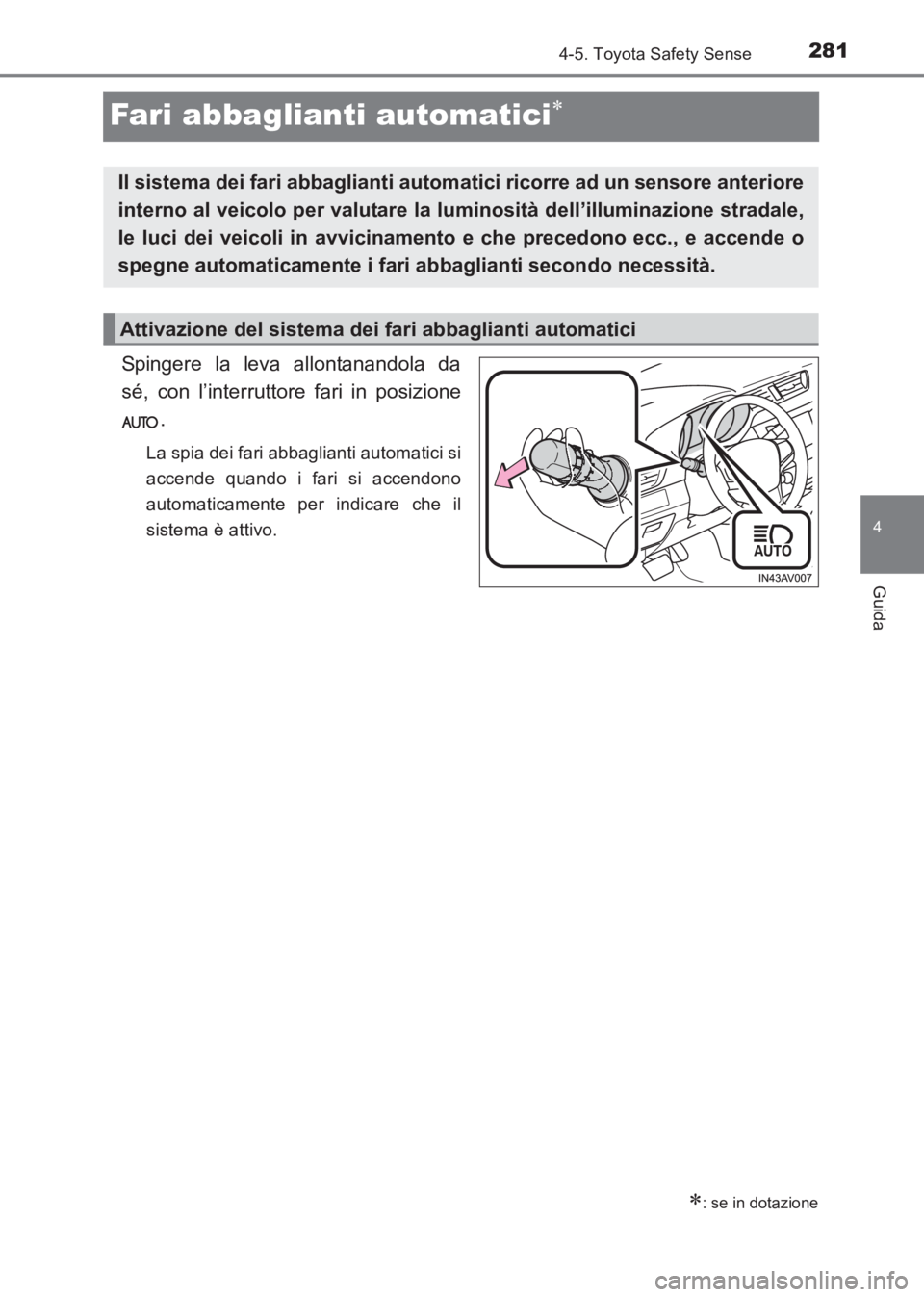 TOYOTA AVENSIS 2017 Manuale duso (in Italian) 281
4
4-5. Toyota Safety Sense
Guida
AVENSIS_OM_OM20C70L_(EL)
Fari abbaglianti automatici∗
Spingere la leva allontanandola da
sé, con l’interruttore fari in posizione.
La spia dei fari abbagliant TOYOTA AVENSIS 2017 Manuale duso (in Italian) 281
4
4-5. Toyota Safety Sense
Guida
AVENSIS_OM_OM20C70L_(EL)
Fari abbaglianti automatici∗
Spingere la leva allontanandola da
sé, con l’interruttore fari in posizione.
La spia dei fari abbagliant