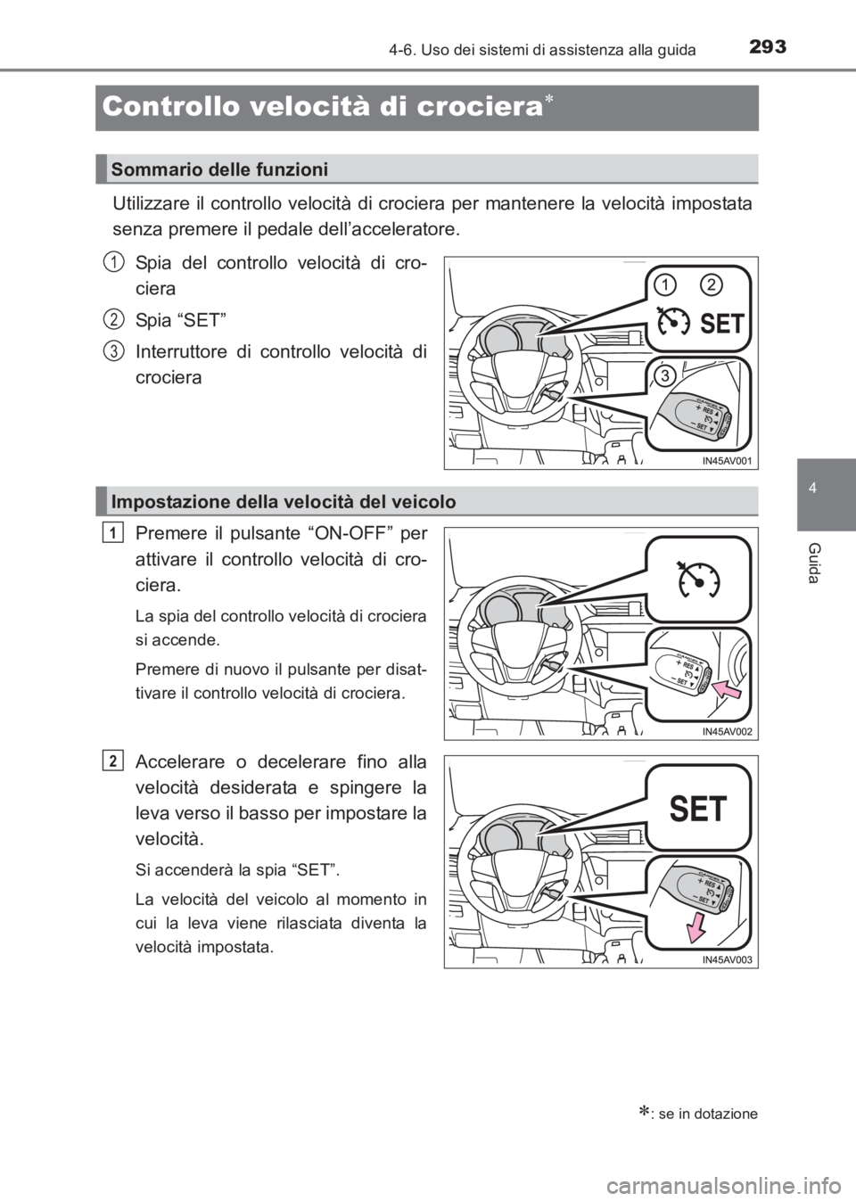 TOYOTA AVENSIS 2017 Manuale duso (in Italian) 293
4
4-6. Uso dei sistemi di assistenza alla guida
Guida
AVENSIS_OM_OM20C70L_(EL)
Controllo velocità di crociera∗
Utilizzare il controllo velocità di crociera per mantenere la velocità impostata TOYOTA AVENSIS 2017 Manuale duso (in Italian) 293
4
4-6. Uso dei sistemi di assistenza alla guida
Guida
AVENSIS_OM_OM20C70L_(EL)
Controllo velocità di crociera∗
Utilizzare il controllo velocità di crociera per mantenere la velocità impostata