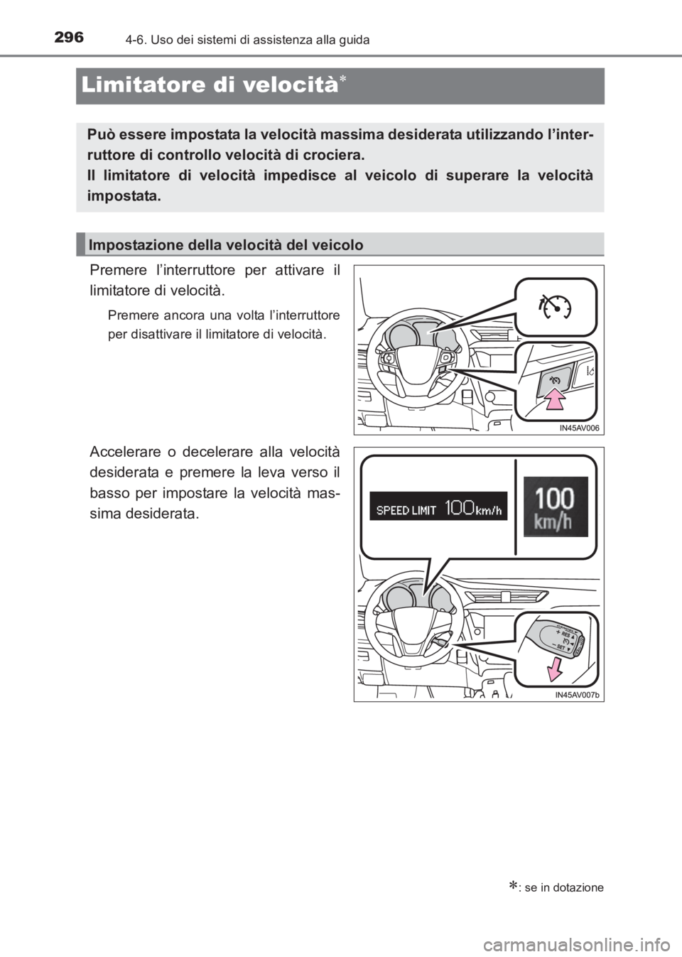 TOYOTA AVENSIS 2017 Manuale duso (in Italian) 2964-6. Uso dei sistemi di assistenza alla guida
AVENSIS_OM_OM20C70L_(EL)
Limitatore di velocità∗
Premere l’interruttore per attivare il
limitatore di velocità.
Premere ancora una volta l’inte TOYOTA AVENSIS 2017 Manuale duso (in Italian) 2964-6. Uso dei sistemi di assistenza alla guida
AVENSIS_OM_OM20C70L_(EL)
Limitatore di velocità∗
Premere l’interruttore per attivare il
limitatore di velocità.
Premere ancora una volta l’inte