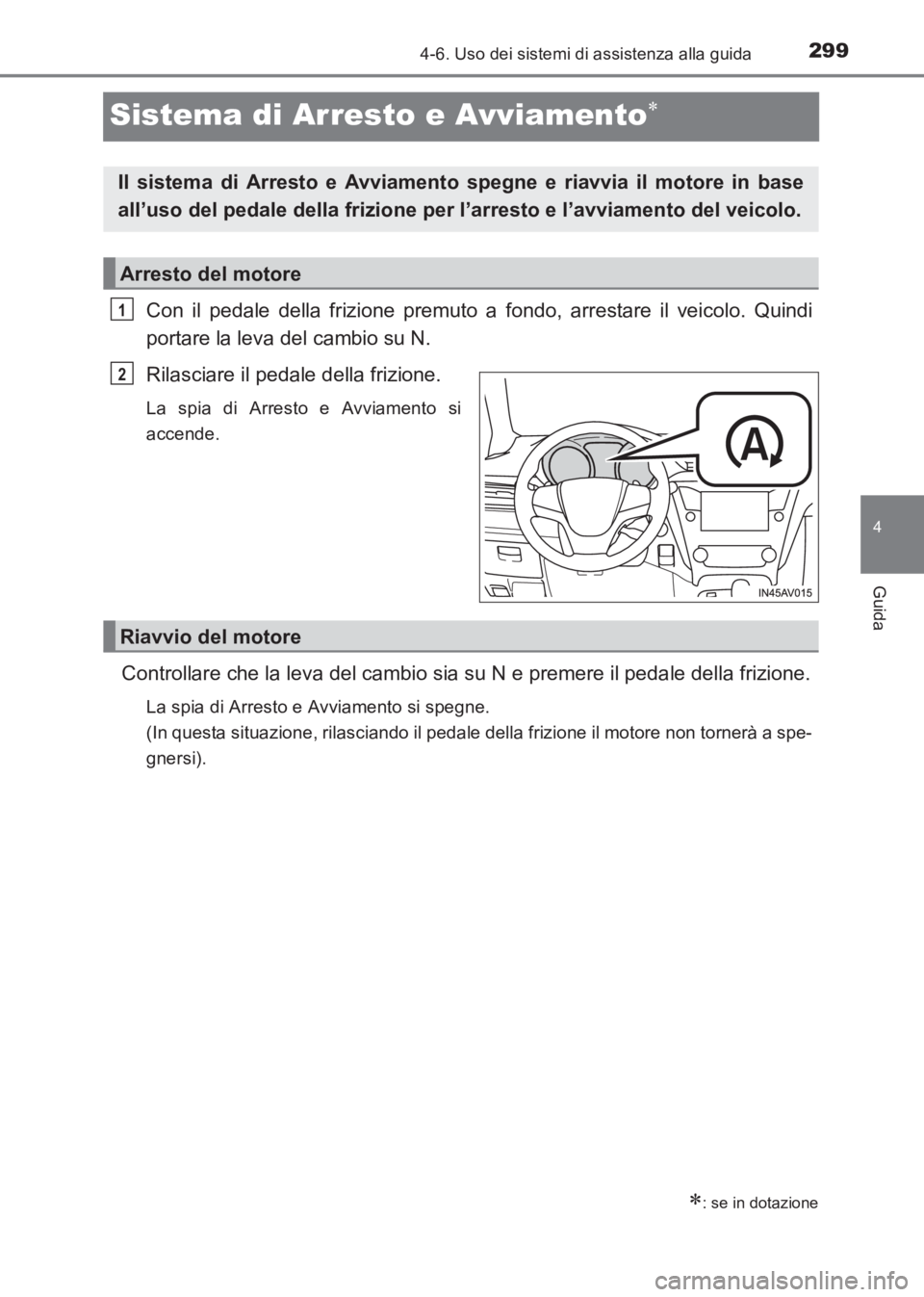 TOYOTA AVENSIS 2017 Manuale duso (in Italian) 299
4
4-6. Uso dei sistemi di assistenza alla guida
Guida
AVENSIS_OM_OM20C70L_(EL)
Sistema di Arresto e Avviamento∗
Con il pedale della frizione premuto a fondo, arrestare il veicolo. Quindi
portare TOYOTA AVENSIS 2017 Manuale duso (in Italian) 299
4
4-6. Uso dei sistemi di assistenza alla guida
Guida
AVENSIS_OM_OM20C70L_(EL)
Sistema di Arresto e Avviamento∗
Con il pedale della frizione premuto a fondo, arrestare il veicolo. Quindi
portare