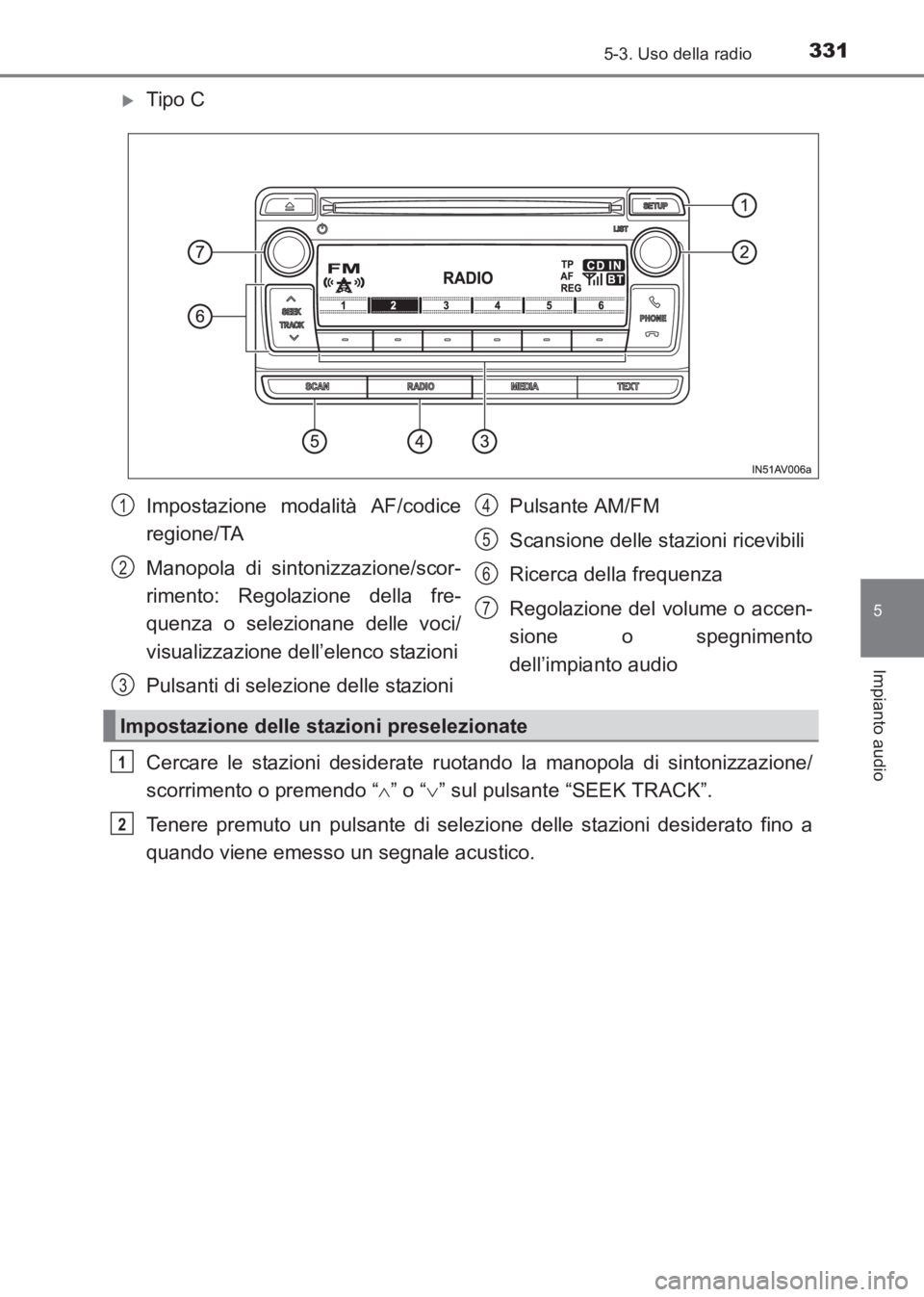 TOYOTA AVENSIS 2017  Manuale duso (in Italian) 3315-3. Uso della radio
5
Impianto audio
AVENSIS_OM_OM20C70L_(EL)
�XTipo C
Cercare le stazioni desiderate ruotando la manopola di sintonizzazione/
scorrimento o premendo “∧” o “ ∨” sul pul