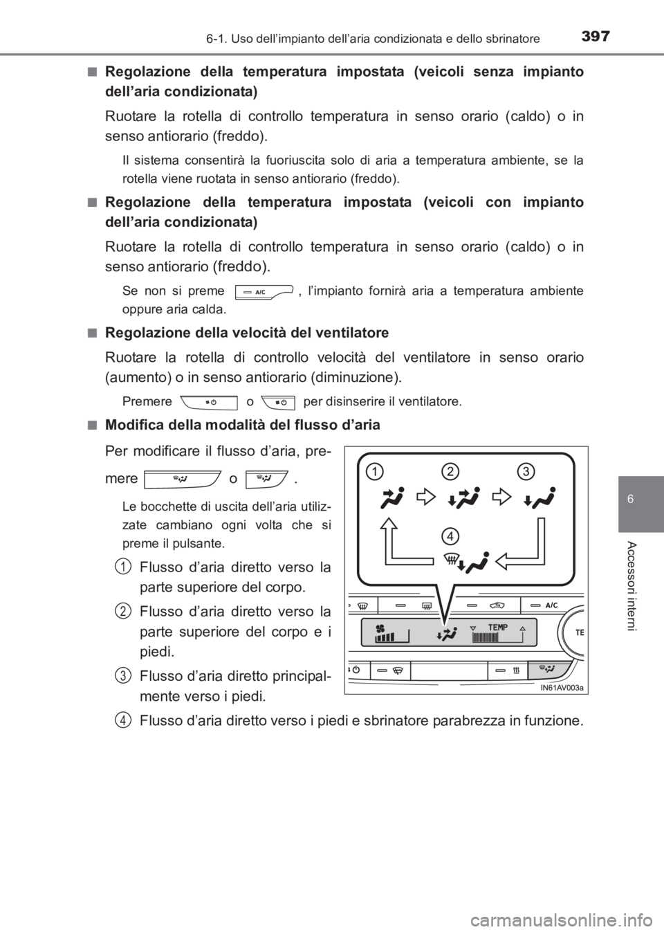 TOYOTA AVENSIS 2017 Manuale duso (in Italian) 3976-1. Uso dell’impianto dell’aria condizionata e dello sbrinatore
AVENSIS_OM_OM20C70L_(EL)
6
Accessori interni
■Regolazione della temperatura impostata (veicoli senza impianto
dell’aria cond TOYOTA AVENSIS 2017 Manuale duso (in Italian) 3976-1. Uso dell’impianto dell’aria condizionata e dello sbrinatore
AVENSIS_OM_OM20C70L_(EL)
6
Accessori interni
■Regolazione della temperatura impostata (veicoli senza impianto
dell’aria cond