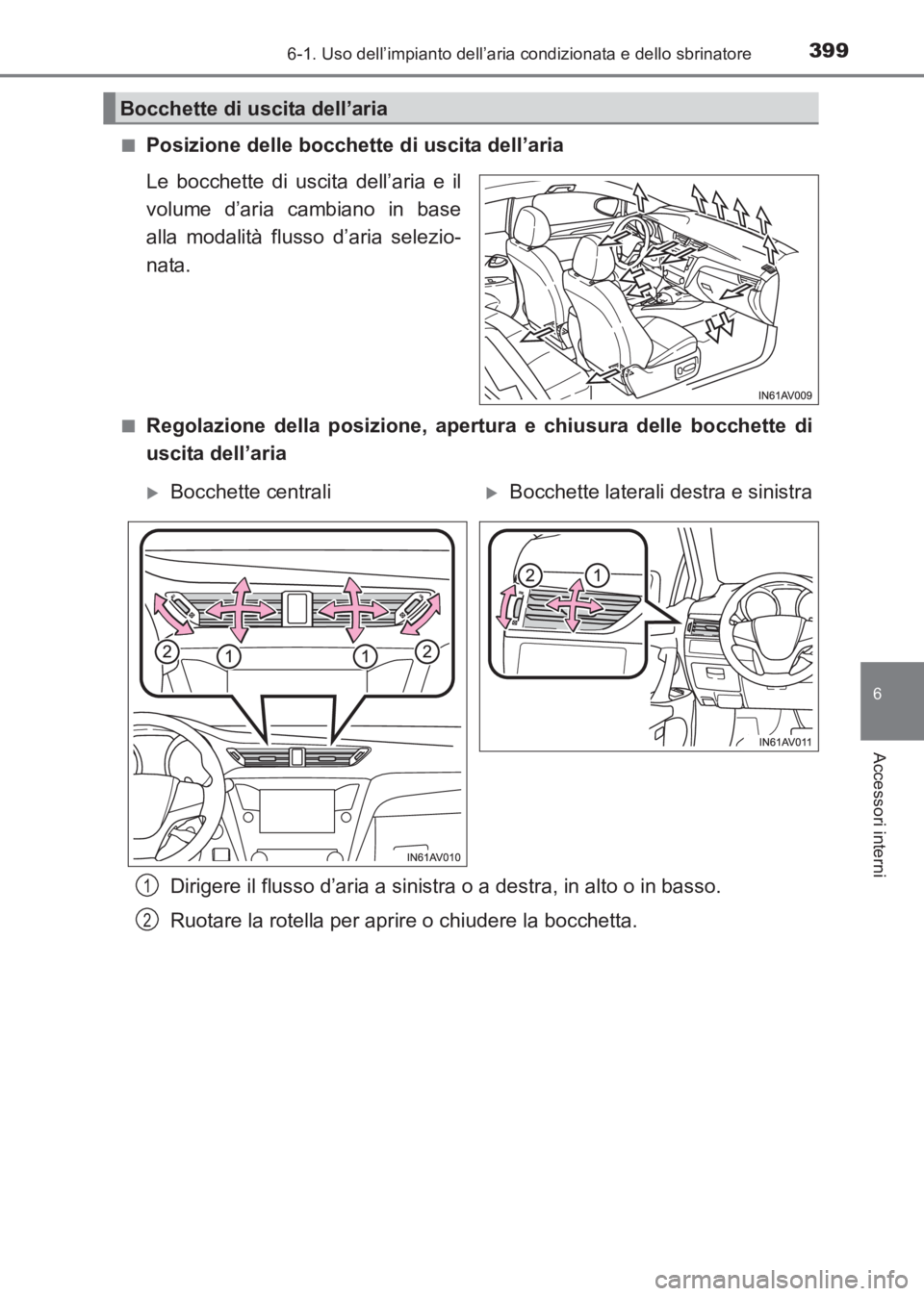TOYOTA AVENSIS 2017 Manuale duso (in Italian) 3996-1. Uso dell’impianto dell’aria condizionata e dello sbrinatore
AVENSIS_OM_OM20C70L_(EL)
6
Accessori interni
■Posizione delle bocchette di uscita dell’aria
Le bocchette di uscita dell’ar TOYOTA AVENSIS 2017 Manuale duso (in Italian) 3996-1. Uso dell’impianto dell’aria condizionata e dello sbrinatore
AVENSIS_OM_OM20C70L_(EL)
6
Accessori interni
■Posizione delle bocchette di uscita dell’aria
Le bocchette di uscita dell’ar