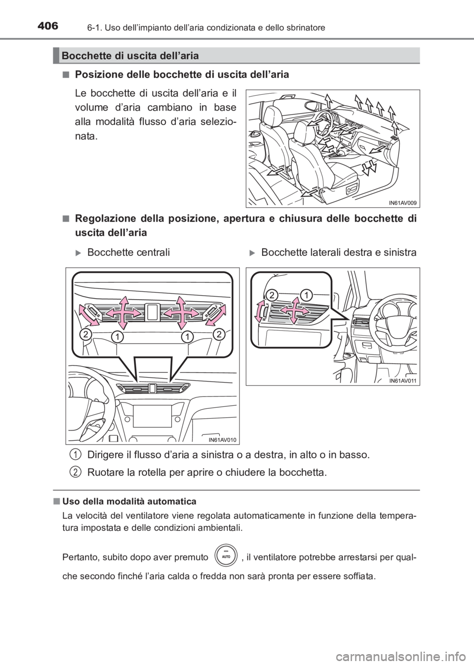 TOYOTA AVENSIS 2017 Manuale duso (in Italian) 4066-1. Uso dell’impianto dell’aria condizionata e dello sbrinatore
AVENSIS_OM_OM20C70L_(EL)■
Posizione delle bocchette di uscita dell’aria
Le bocchette di uscita dell’aria e il
volume d’a TOYOTA AVENSIS 2017 Manuale duso (in Italian) 4066-1. Uso dell’impianto dell’aria condizionata e dello sbrinatore
AVENSIS_OM_OM20C70L_(EL)■
Posizione delle bocchette di uscita dell’aria
Le bocchette di uscita dell’aria e il
volume d’a