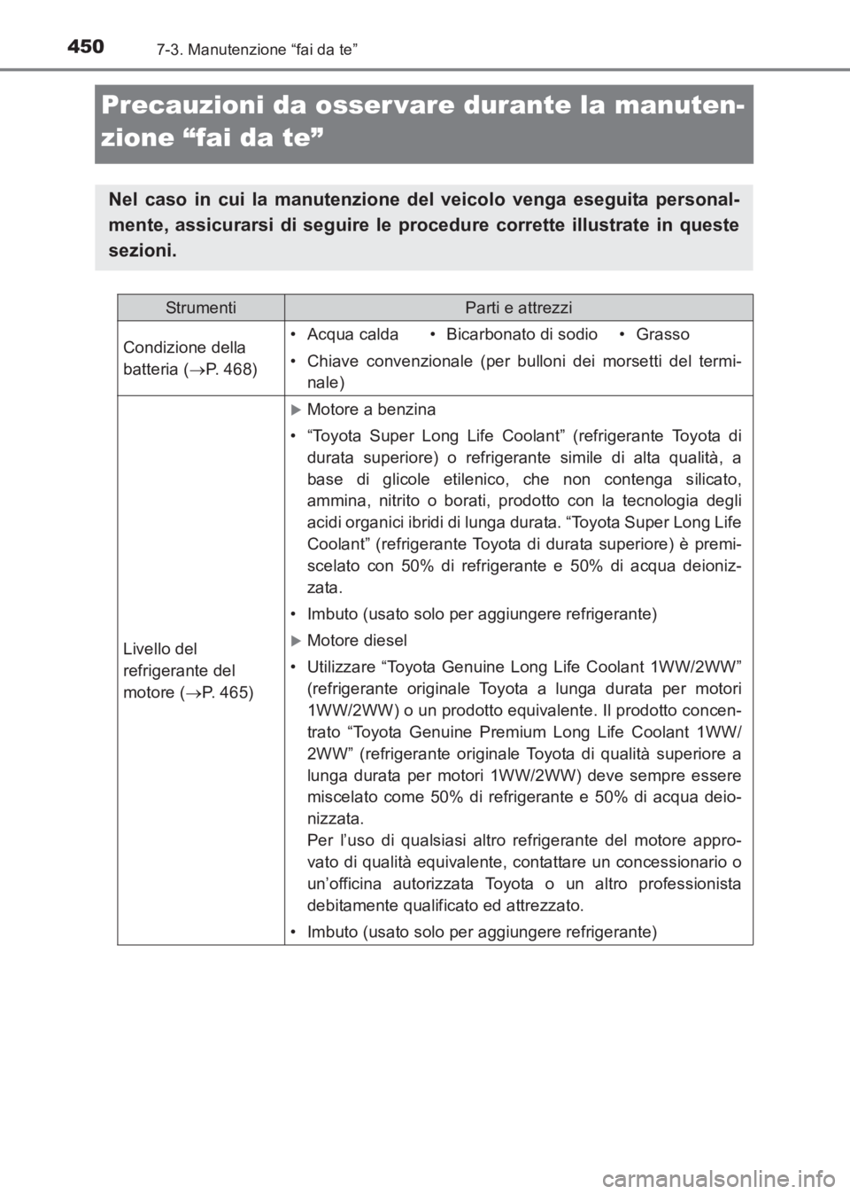 TOYOTA AVENSIS 2017  Manuale duso (in Italian) 4507-3. Manutenzione “fai da te”
AVENSIS_OM_OM20C70L_(EL)
Precauzioni da osser vare durante la manuten-
zione “fai da te”
Nel caso in cui la manutenzione del veicolo venga eseguita personal-
m
