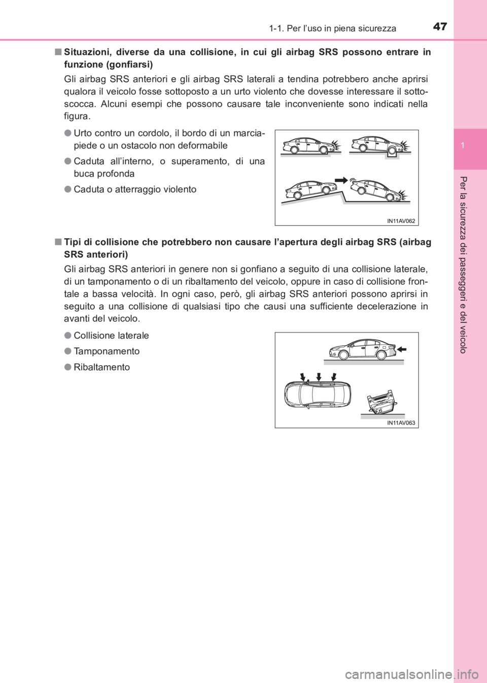 TOYOTA AVENSIS 2017 Manuale duso (in Italian) 471-1. Per l’uso in piena sicurezza
1
AVENSIS_OM_OM20C70L_(EL)
Per la sicurezza dei passeggeri e del veicolo
■Situazioni, diverse da una collisione, in cui gli airbag SRS possono entrare in
funzi TOYOTA AVENSIS 2017 Manuale duso (in Italian) 471-1. Per l’uso in piena sicurezza
1
AVENSIS_OM_OM20C70L_(EL)
Per la sicurezza dei passeggeri e del veicolo
■Situazioni, diverse da una collisione, in cui gli airbag SRS possono entrare in
funzi