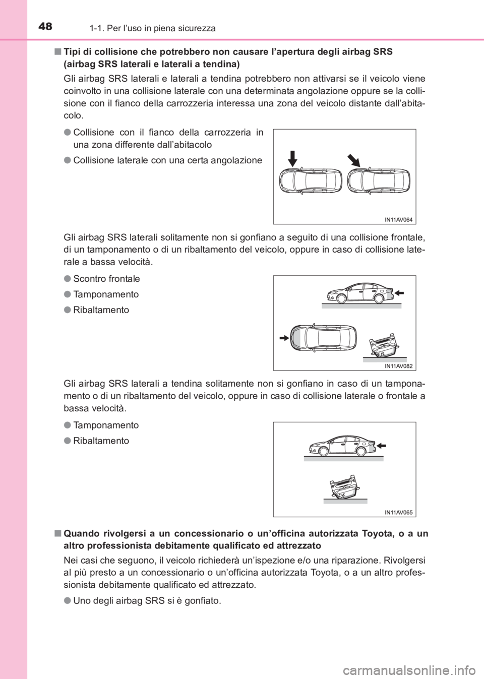 TOYOTA AVENSIS 2017 Manuale duso (in Italian) 481-1. Per l’uso in piena sicurezza
AVENSIS_OM_OM20C70L_(EL)■
Tipi di collisione che potrebbero non causare l’apertura degli airbag SRS
(airbag SRS laterali e laterali a tendina)
Gli airbag SRS TOYOTA AVENSIS 2017 Manuale duso (in Italian) 481-1. Per l’uso in piena sicurezza
AVENSIS_OM_OM20C70L_(EL)■
Tipi di collisione che potrebbero non causare l’apertura degli airbag SRS
(airbag SRS laterali e laterali a tendina)
Gli airbag SRS