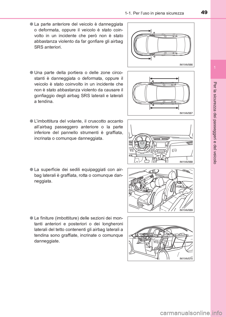 TOYOTA AVENSIS 2017 Manuale duso (in Italian) 491-1. Per l’uso in piena sicurezza
1
AVENSIS_OM_OM20C70L_(EL)
Per la sicurezza dei passeggeri e del veicolo
●La parte anteriore del veicolo è danneggiata
o deformata, oppure il veicolo è stato TOYOTA AVENSIS 2017 Manuale duso (in Italian) 491-1. Per l’uso in piena sicurezza
1
AVENSIS_OM_OM20C70L_(EL)
Per la sicurezza dei passeggeri e del veicolo
●La parte anteriore del veicolo è danneggiata
o deformata, oppure il veicolo è stato