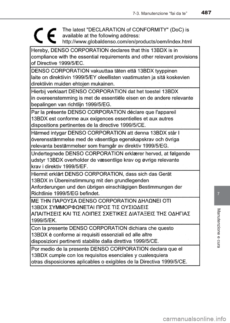 TOYOTA AVENSIS 2017 Manuale duso (in Italian) 4877-3. Manutenzione “fai da te”
AVENSIS_OM_OM20C70L_(EL)
7
Manutenzione e cura
AVENSIS_OM_OM20C70L_(EL).book Page 487 Wednesday, June 15, 2016 2:44 PM TOYOTA AVENSIS 2017 Manuale duso (in Italian) 4877-3. Manutenzione “fai da te”
AVENSIS_OM_OM20C70L_(EL)
7
Manutenzione e cura
AVENSIS_OM_OM20C70L_(EL).book Page 487 Wednesday, June 15, 2016 2:44 PM