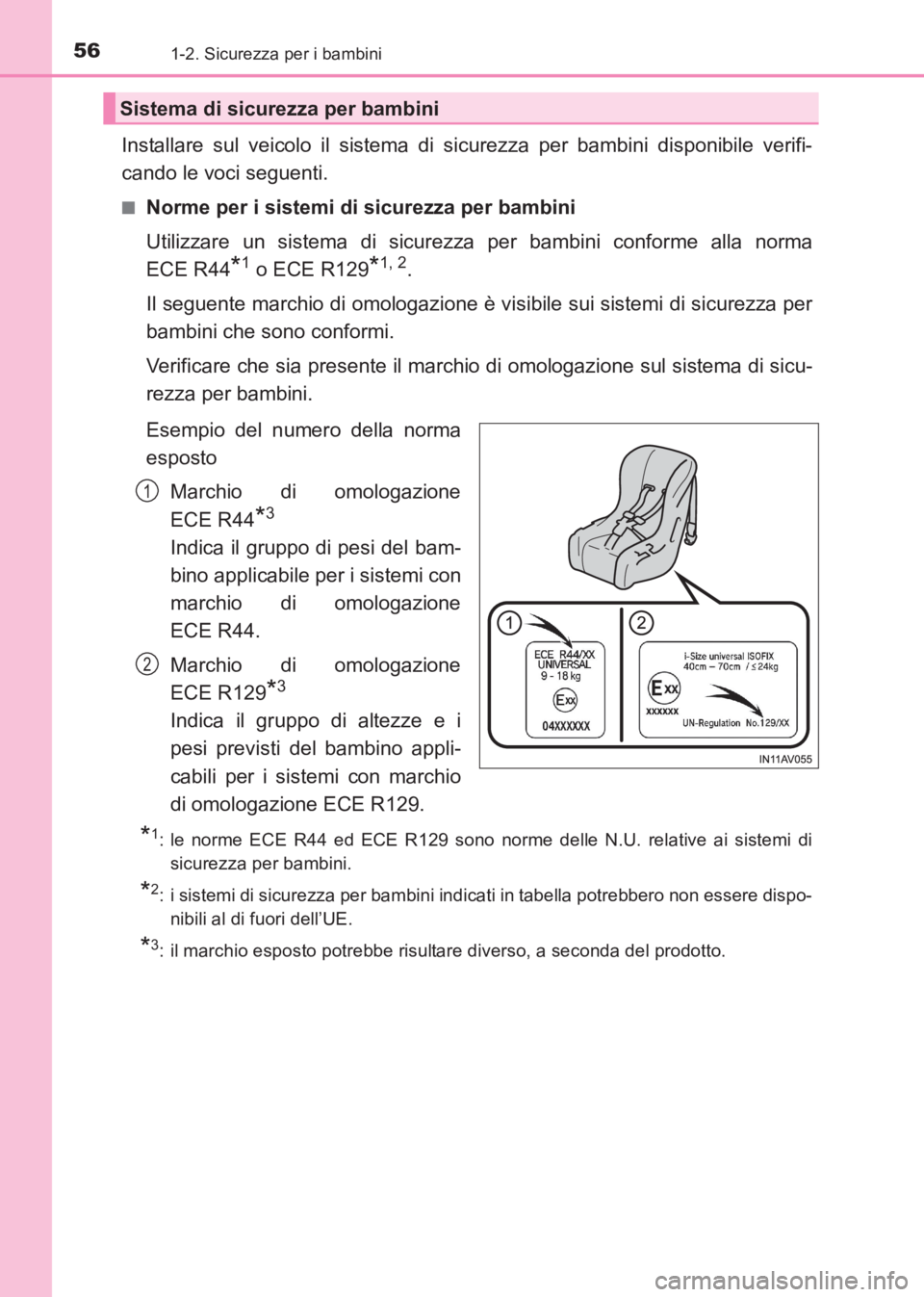 TOYOTA AVENSIS 2017  Manuale duso (in Italian) 561-2. Sicurezza per i bambini
AVENSIS_OM_OM20C70L_(EL)
Installare sul veicolo il sistema di sicurezza per bambini disponibile verifi-
cando le voci seguenti.
■Norme per i sistemi di sicurezza per b