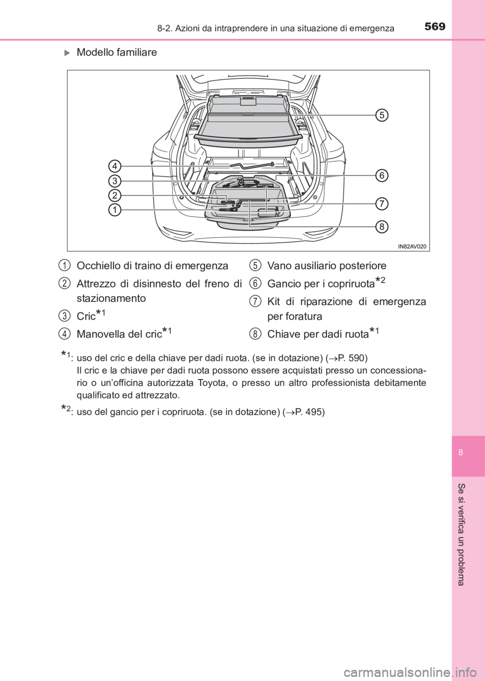 TOYOTA AVENSIS 2017  Manuale duso (in Italian) 5698-2. Azioni da intraprendere in una situazione di emergenza
AVENSIS_OM_OM20C70L_(EL)
8
Se si verifica un problema
�XModello familiare
*1: uso del cric e della chiave per dadi ruota. (se in dotazion
