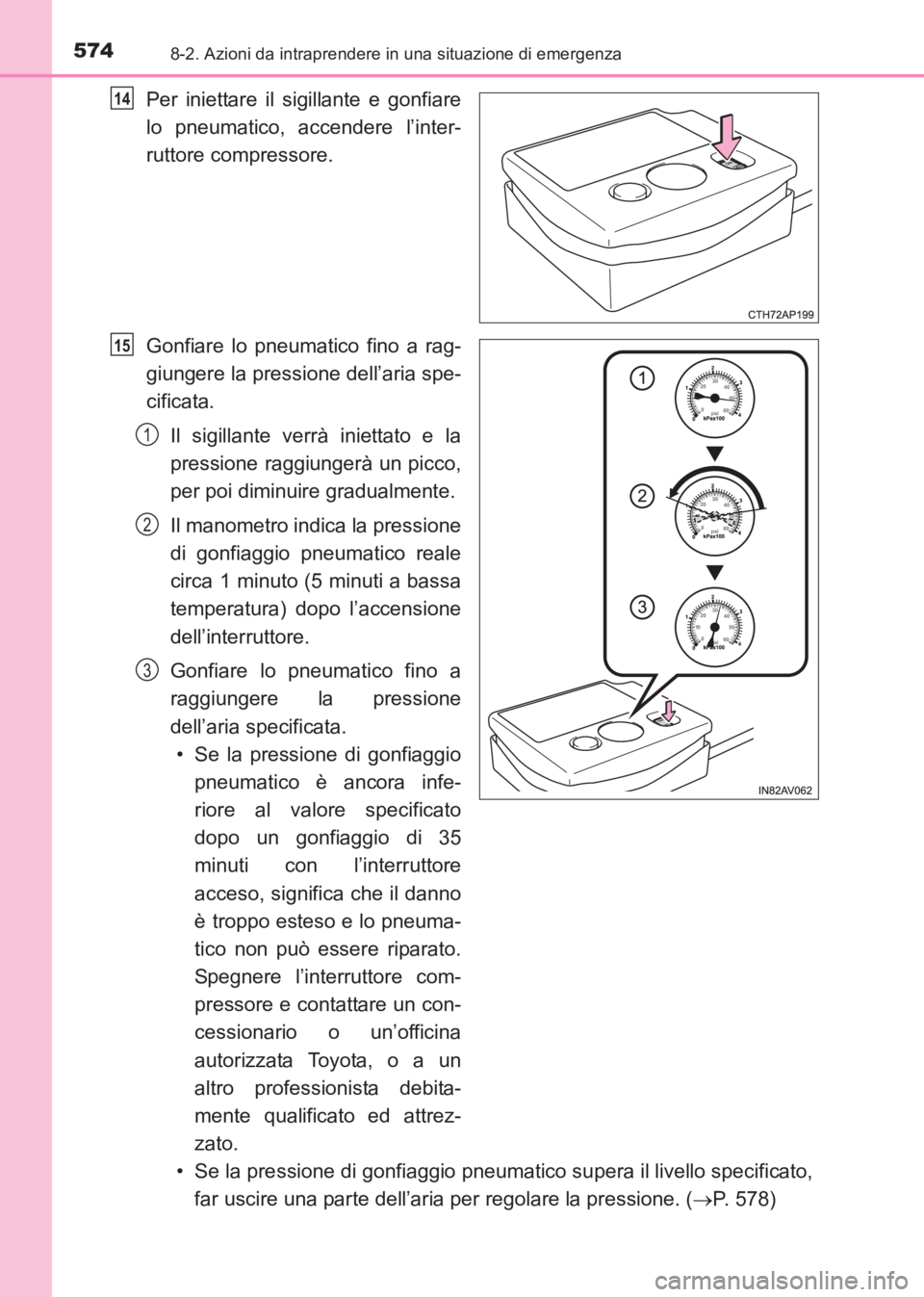 TOYOTA AVENSIS 2017 Manuale duso (in Italian) 5748-2. Azioni da intraprendere in una situazione di emergenza
AVENSIS_OM_OM20C70L_(EL)
Per iniettare il sigillante e gonfiare
lo pneumatico, accendere l’inter-
ruttore compressore.
Gonfiare lo pneu TOYOTA AVENSIS 2017 Manuale duso (in Italian) 5748-2. Azioni da intraprendere in una situazione di emergenza
AVENSIS_OM_OM20C70L_(EL)
Per iniettare il sigillante e gonfiare
lo pneumatico, accendere l’inter-
ruttore compressore.
Gonfiare lo pneu