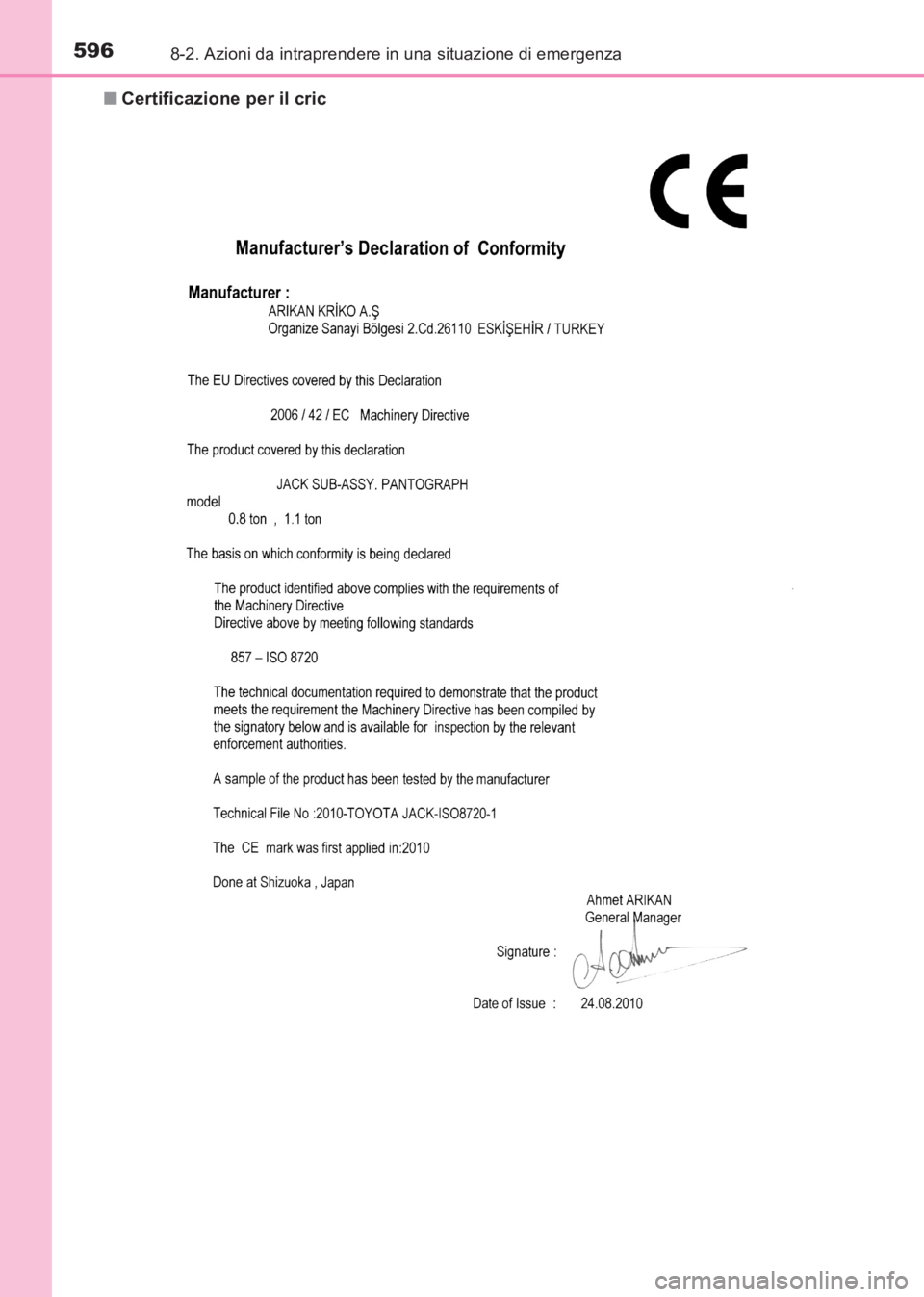 TOYOTA AVENSIS 2017 Manuale duso (in Italian) 5968-2. Azioni da intraprendere in una situazione di emergenza
AVENSIS_OM_OM20C70L_(EL)■
Certificazione per il cric
AVENSIS_OM_OM20C70L_(EL).book Page 596 Wednesday, June 15, 20 16 2:44 PM TOYOTA AVENSIS 2017 Manuale duso (in Italian) 5968-2. Azioni da intraprendere in una situazione di emergenza
AVENSIS_OM_OM20C70L_(EL)■
Certificazione per il cric
AVENSIS_OM_OM20C70L_(EL).book Page 596 Wednesday, June 15, 20 16 2:44 PM